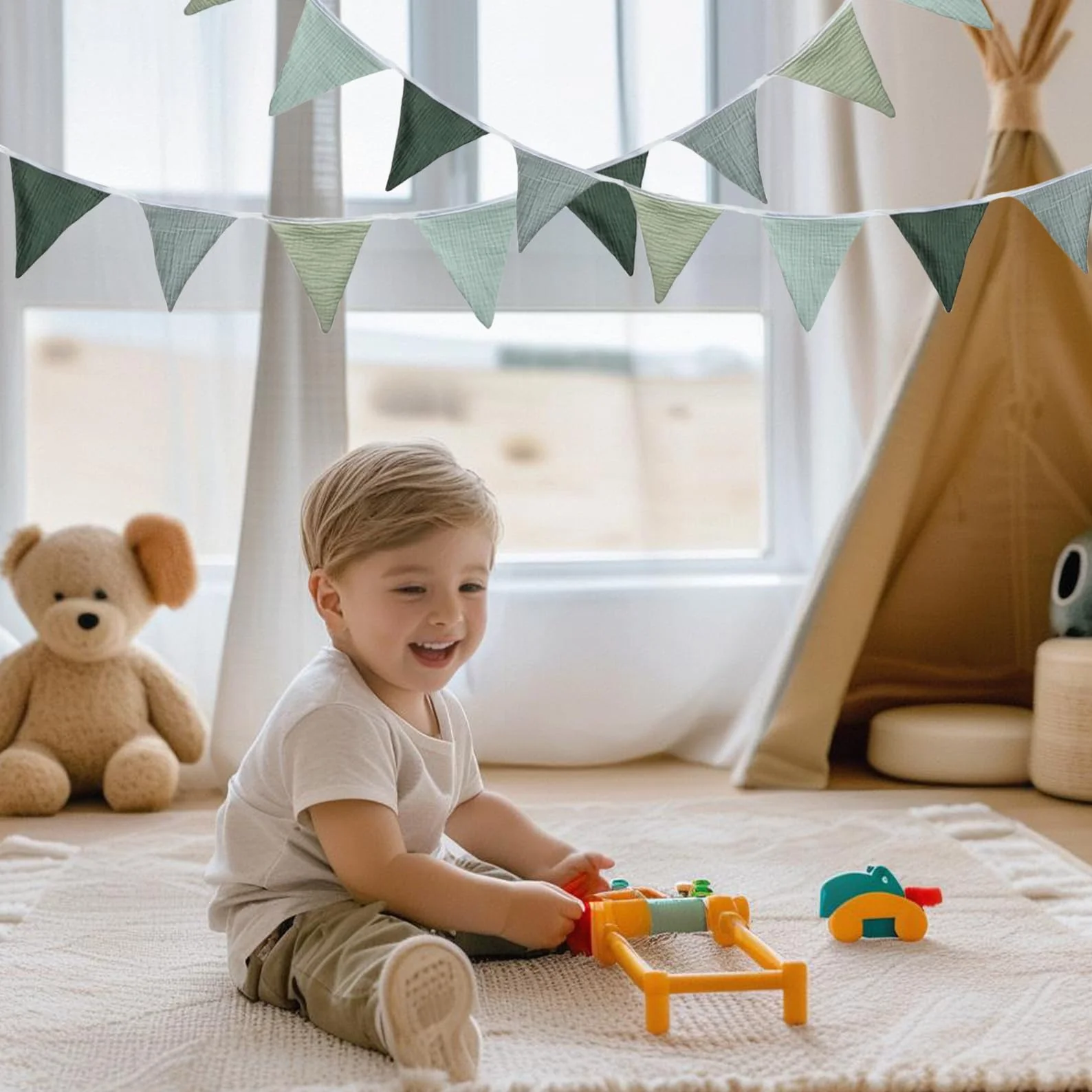Guirlande de Fanions Vert Clair en Coton pour Chambre d'Enfant, Lit Bébé Garçon