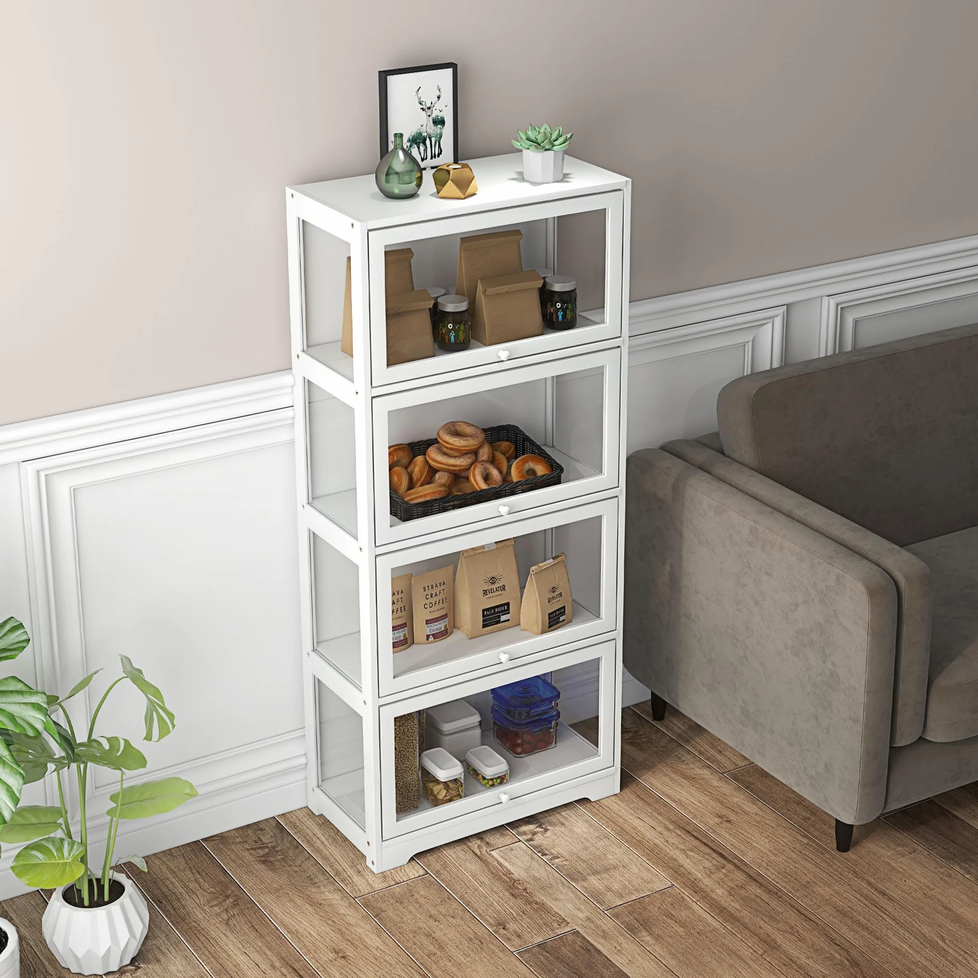 HOMCOM Vitrine pour Collection Buffet Salon Meuble de Rangement à 4 Niveaux avec Portes à abattant, pour Salon Bureau Chambre, 59 x 30 x 139 cm, Blanc