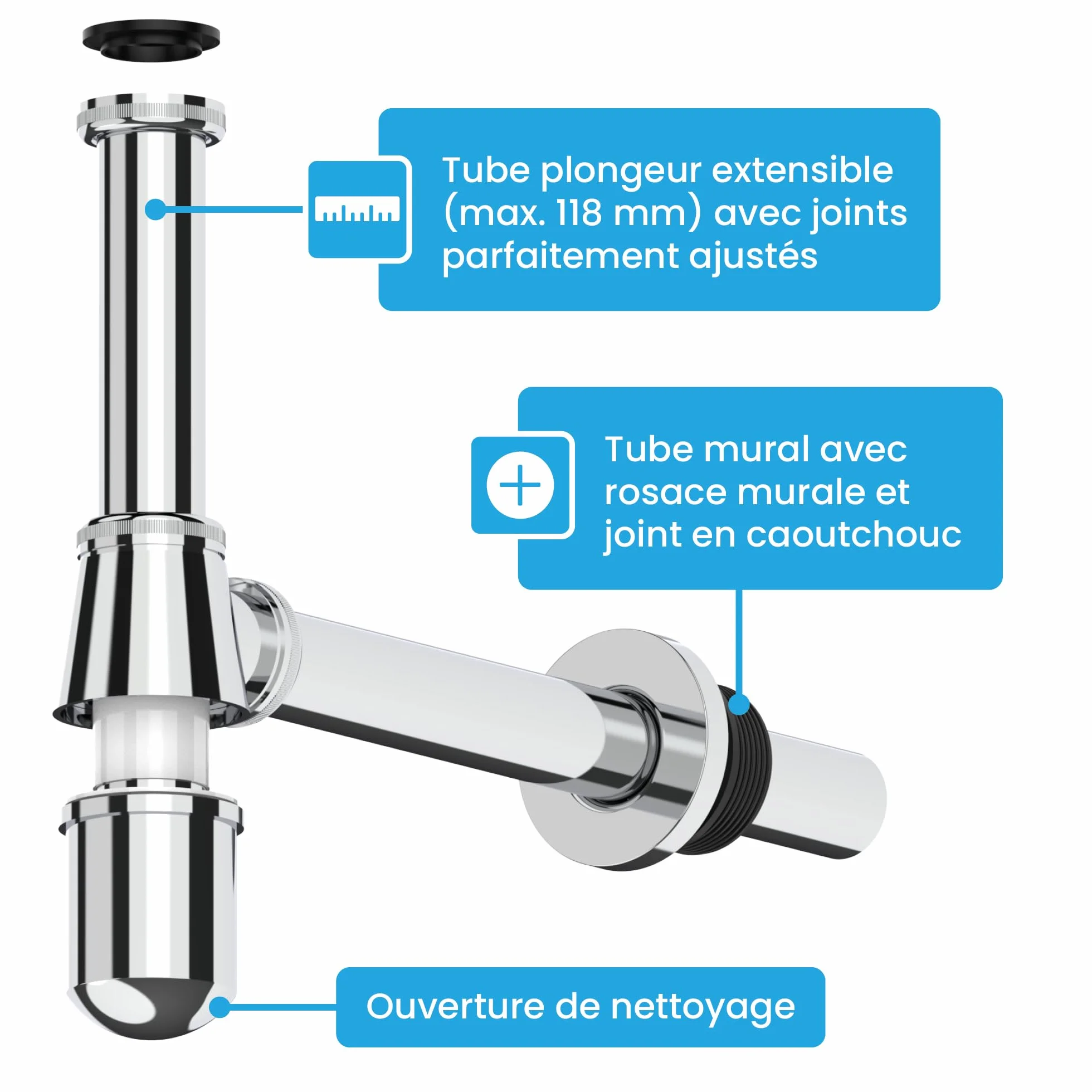 Siphon à Tasse Universel Bächlein pour Lavabos et Éviers, Écoulement à Bouteille Design