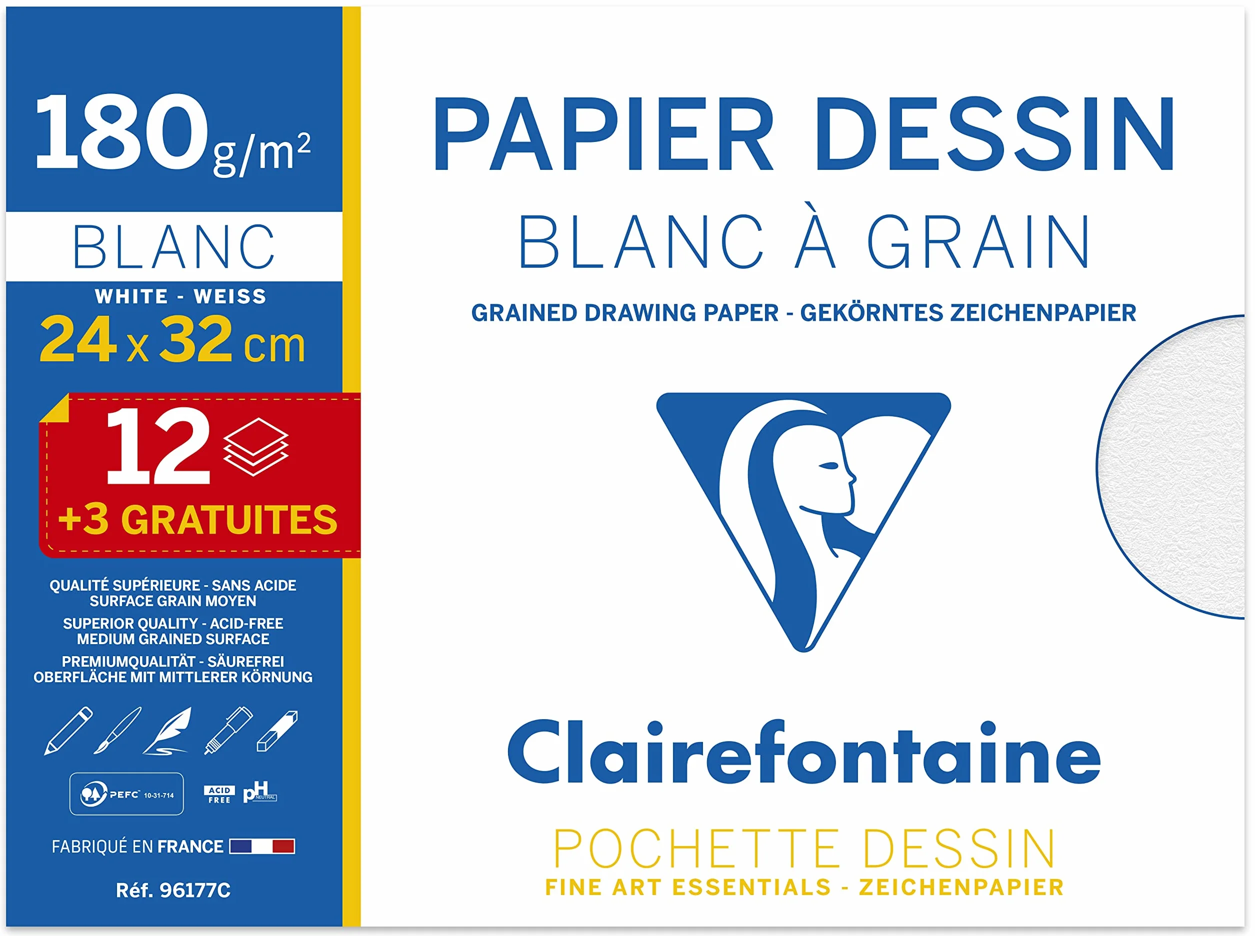 Clairefontaine Lot de 2 Pochette Dessin Scolaire 15 Feuilles Papier Dessin Couleurs Vives 160g Blanc 180g 24x32 cm