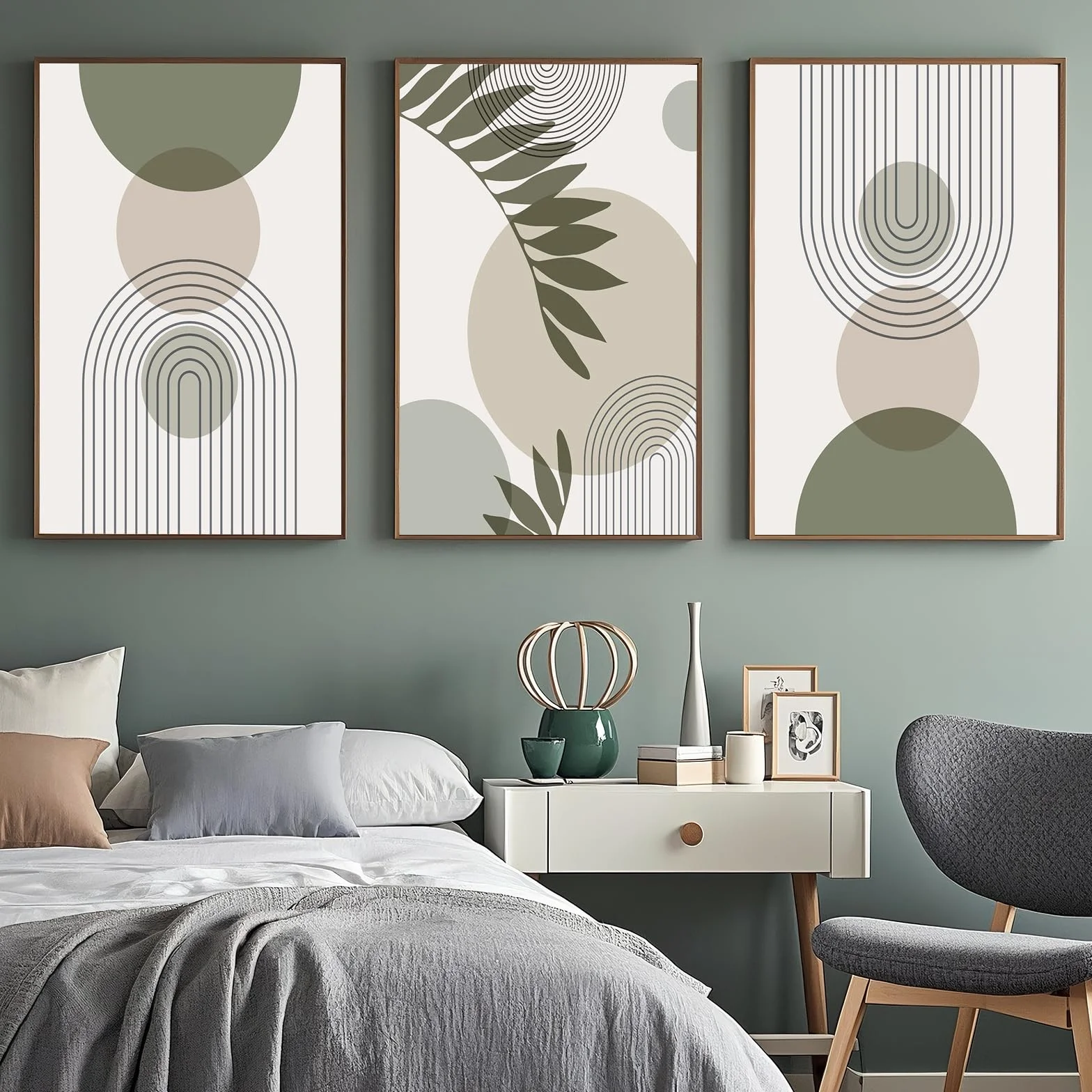 Lot de 3 Tableau Décoration Murale Vert Sauge 40x60 cm Affiche Moderne Sans Cadre Toile Déco Bohème