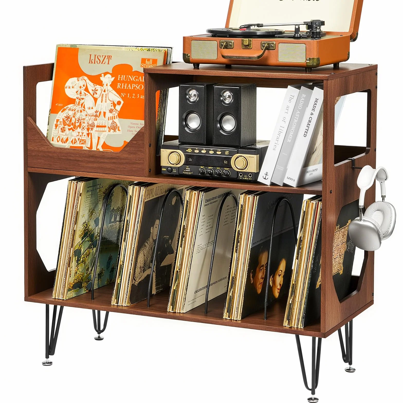 ikkle Grand support de tourne-disque rustique à 2 niveaux avec rangement de disques vinyle, armoire de rangement en vinyle avec pieds en métal, support pour salon, chambre à coucher, peut contenir 370