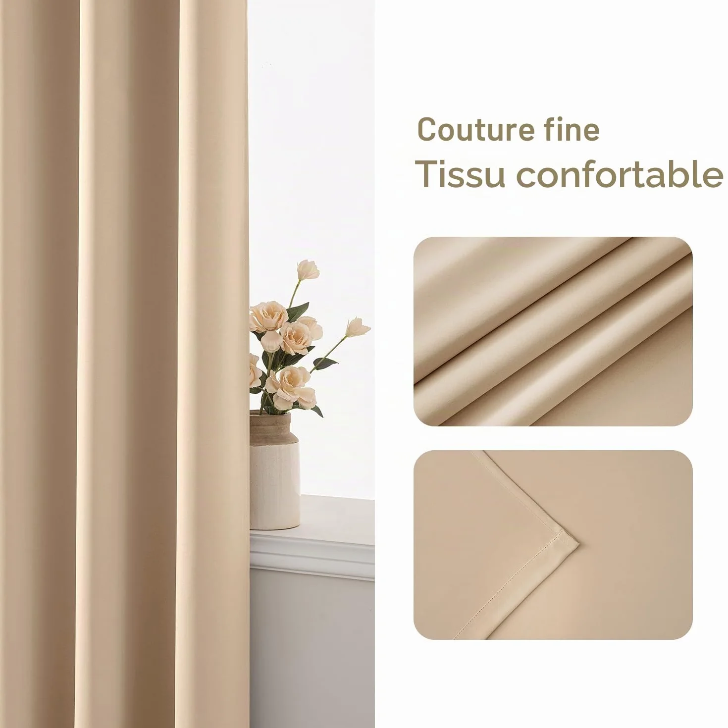 EMEMA Rideau Occultant Beige à Œillets 140x225 CM Lot de 2 Rideaux Thermiques Anti Chaleur Salon Chambre