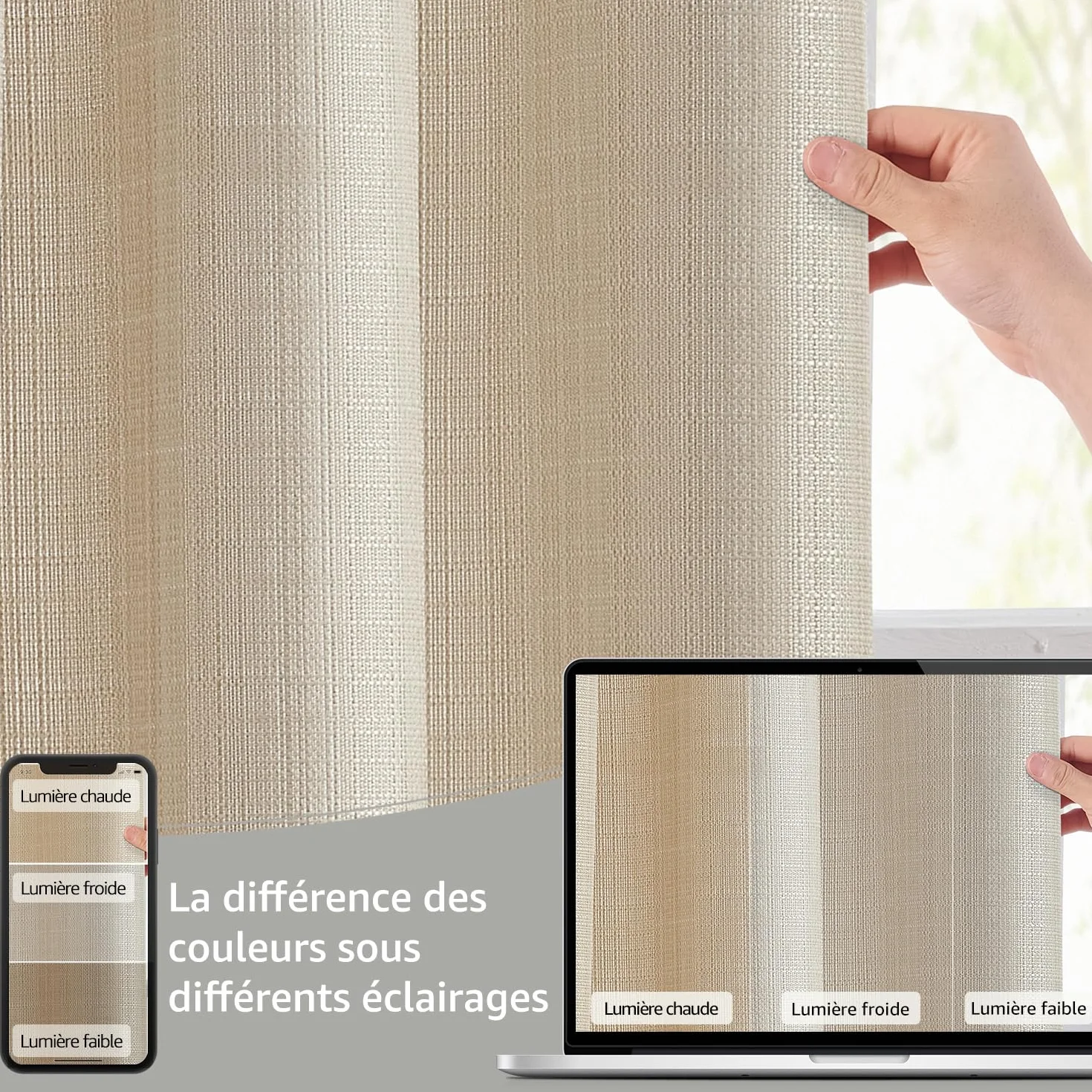 Rideaux Cuisine Court Beige 70L x 90H(cm) 2 Panneaux Passe Tringle Brise-Bise Moderne