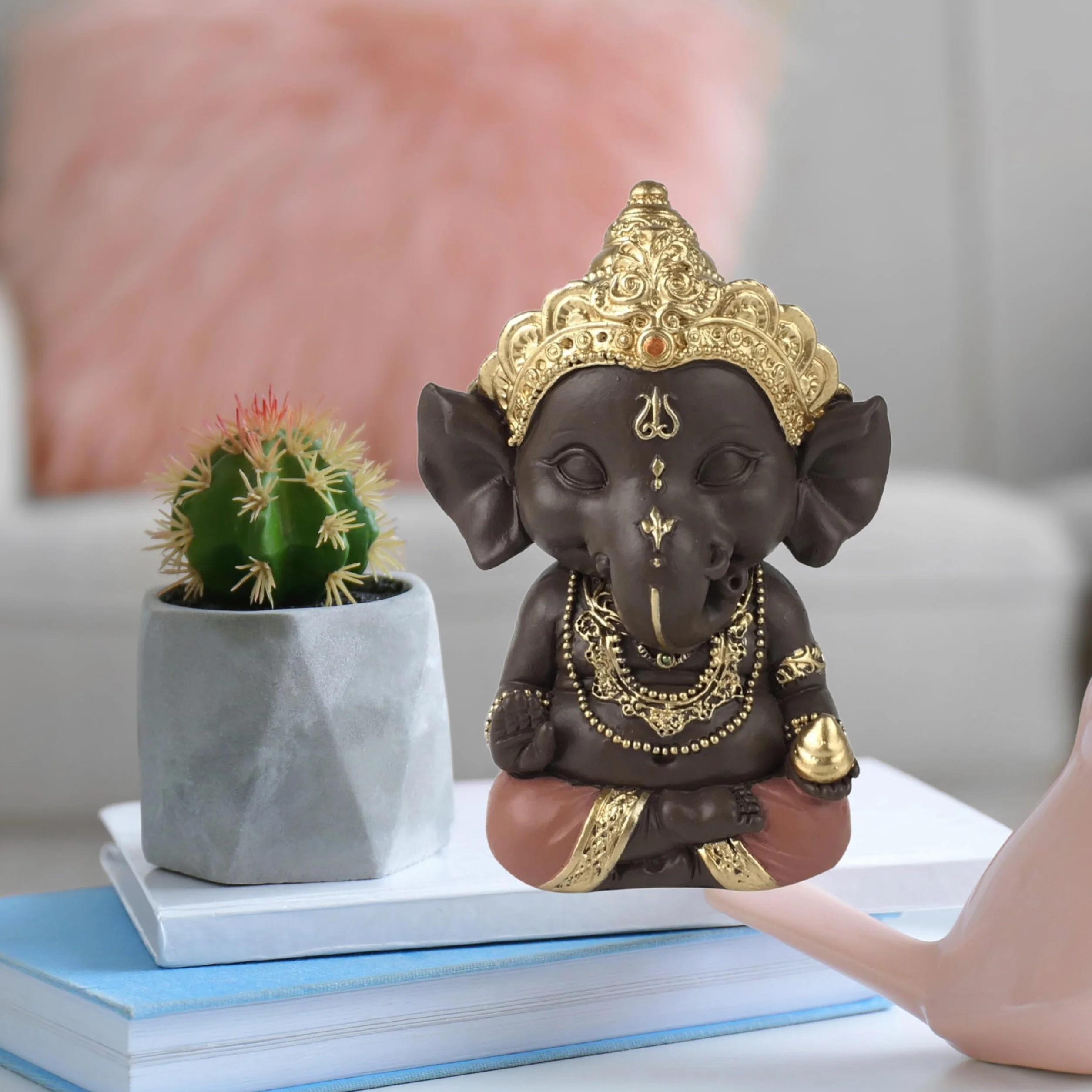 Statuette Ganesh Porte Bonheur Décoration Zen Feng Shui 11,5cm Vert Marron Zen’Light