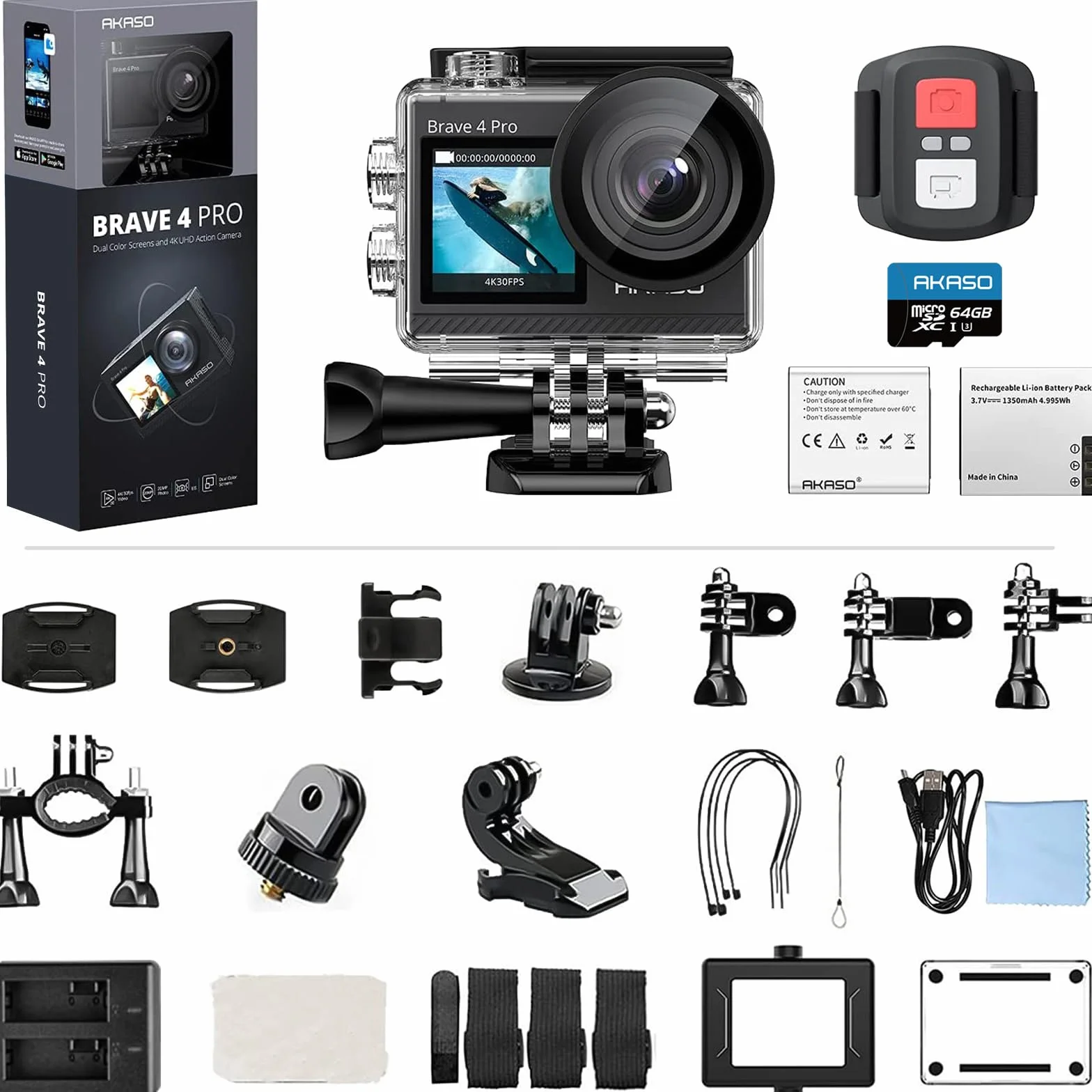 AKASO Brave 4 Pro Action Cam 4K30FPS 20MP z kartą pamięci U3 o pojemności 40 m, ekran dotykowy Ultra HD, szeroki kąt widzenia 170°, stabilizacja EIS, zoom 5x, pilot zdalnego sterowania 2,4 G i 2
