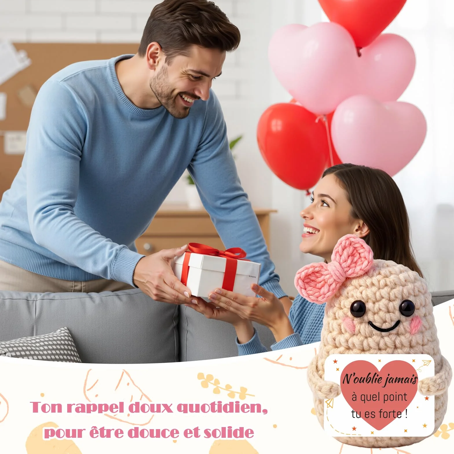 Peluche Patate Tricotée Française avec Porte Clés et Carte, Cadeau Original pour Femme Homme