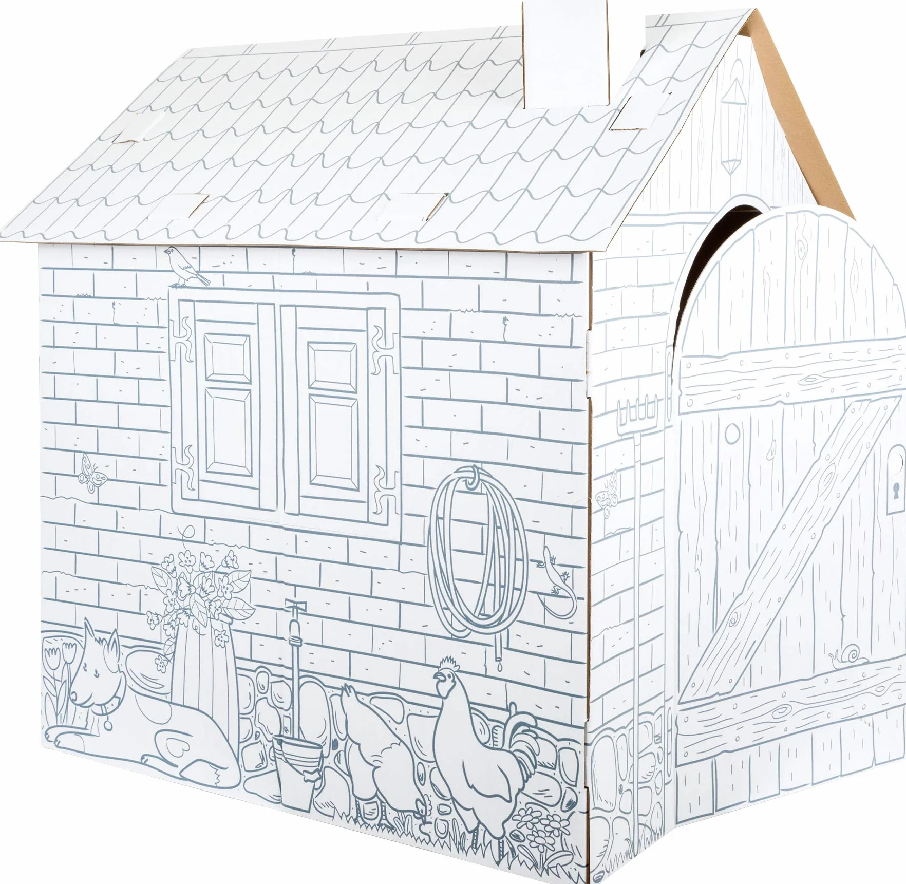 Small Foot Maison de Jeu Ferme en Carton à Colorier avec Crayons Gras Feutres Blanc