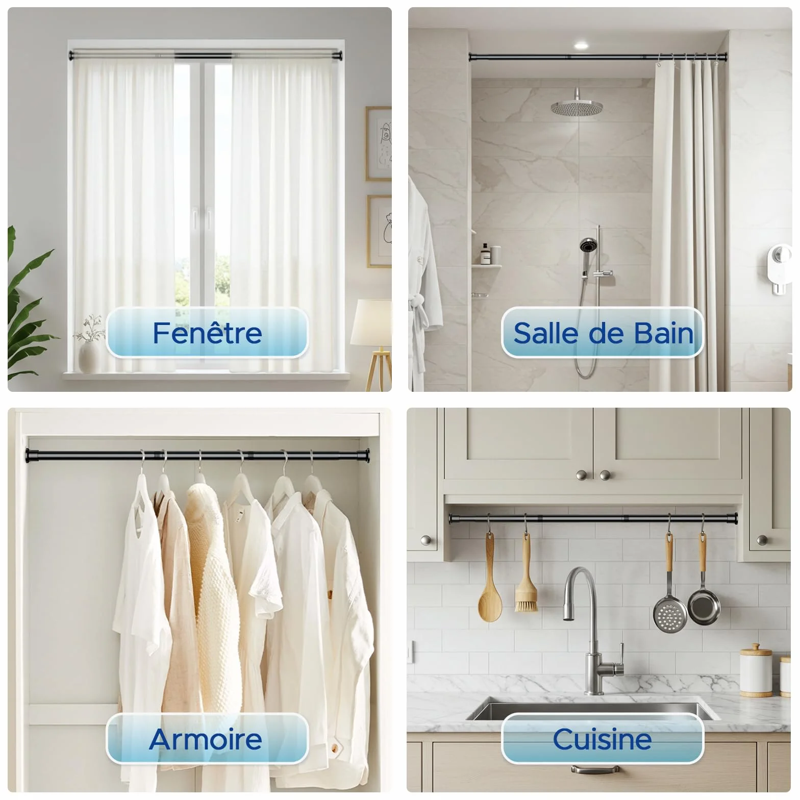 Tringle Rideau Sans Percage Extensible 71-160 cm Diamètre 25 mm Inox Noir pour Salle de Bain Fenêtre Porte Penderie