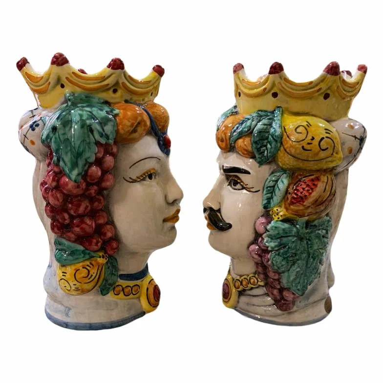 Céramique Caltagirone Tête Sicilienne Marron Foncé 18 cm avec Couronne et Fruit