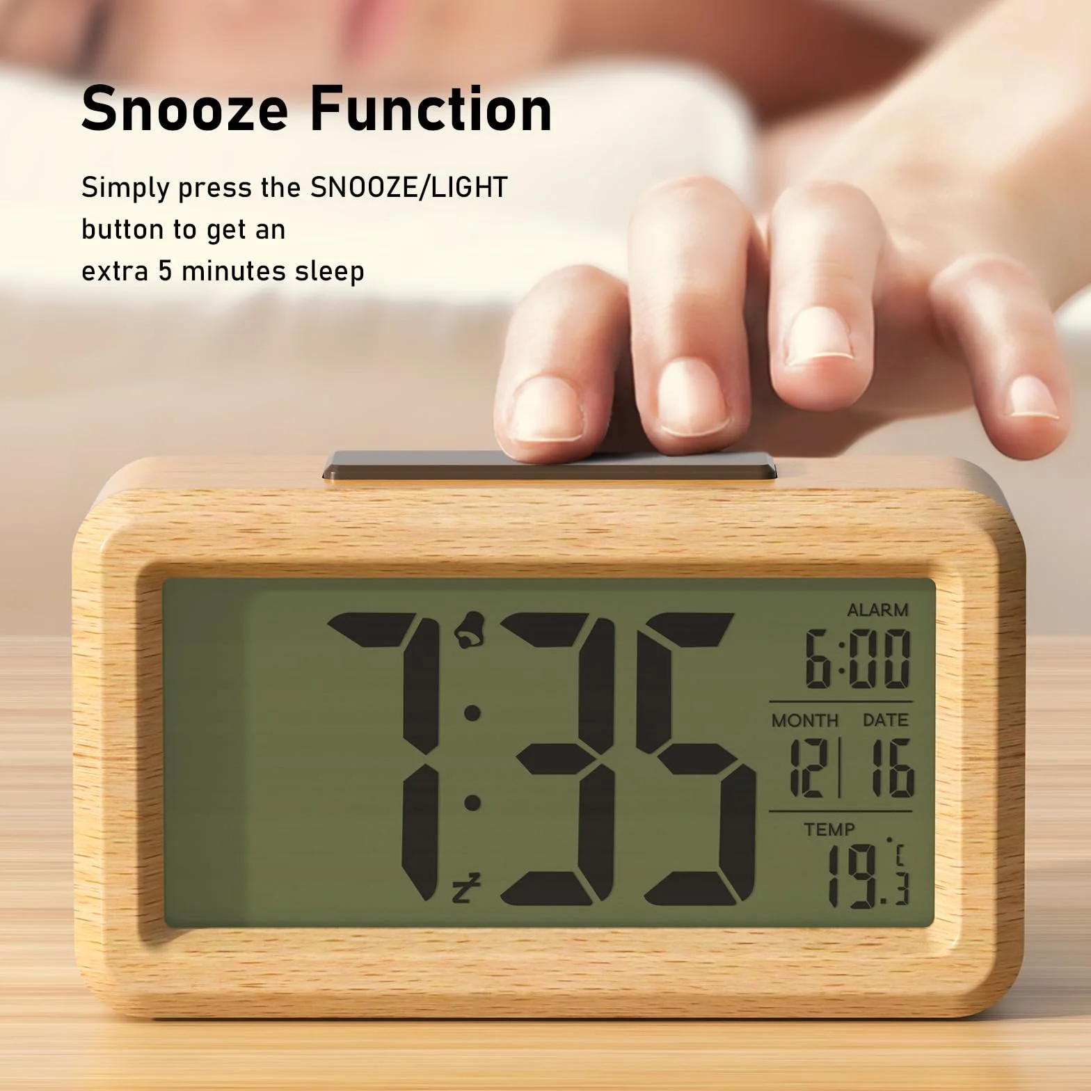 Réveil Numérique en Bois avec Grand Écran LCD, Rétroéclairage, Date, Température, Capteur de Lumière, Snooze, 3 Piles AAA Incluses