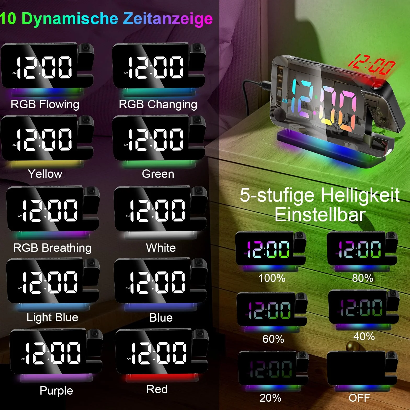 Réveil à Projection avec Projecteur Rotatif 180°, Affichage LED 11 Couleurs, Luminosité Réglable, Snooze