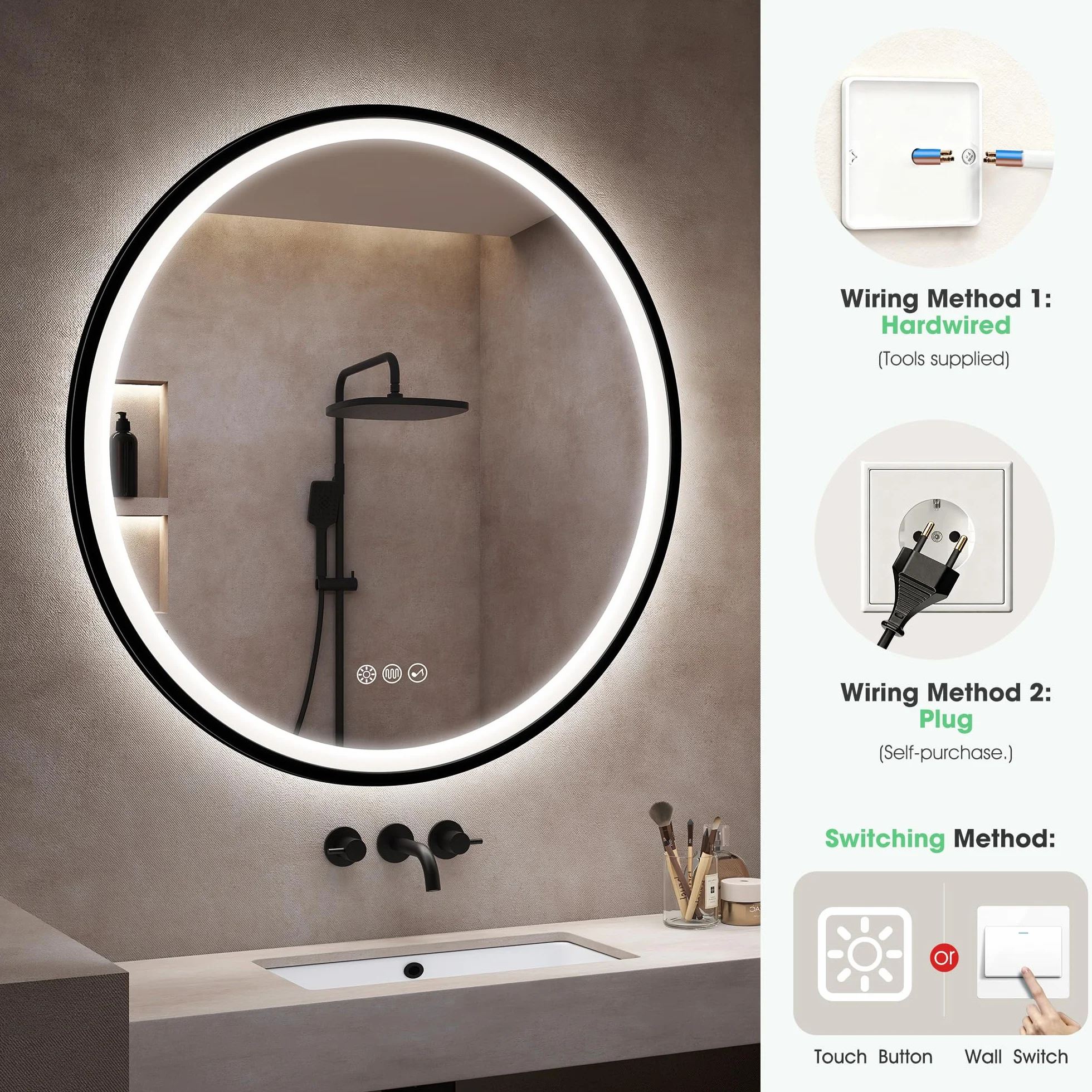 S'bagno Miroir-Rond-Salle-de-Bain-avec-éclairage 60cm, Rond-Miroir-LED-avec-Bluetooth, Antibuée, 3 Couleurs Lumières, Dimmable, Mémoire Lumière, IP44, Verre Trempé, Cadre Fer Noir