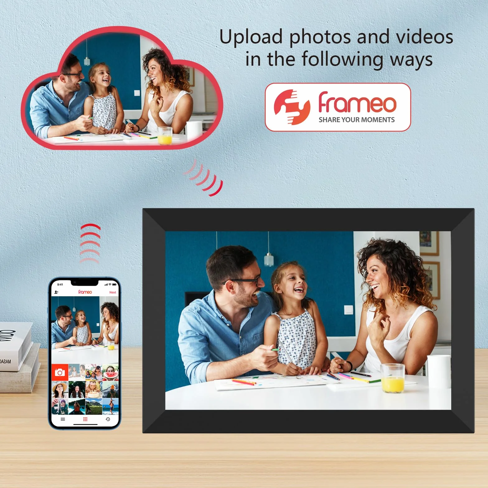 FRAMEO cyfrowa ramka na zdjęcia FRAMEO WLAN 32 GB, cyfrowa ramka na zdjęcia 10,1 cala 1280 x 800 IPS ekran dotykowy Smart Cloud ramka na zdjęcia z automatycznym obrotem, natychmiastowe udostępnianie