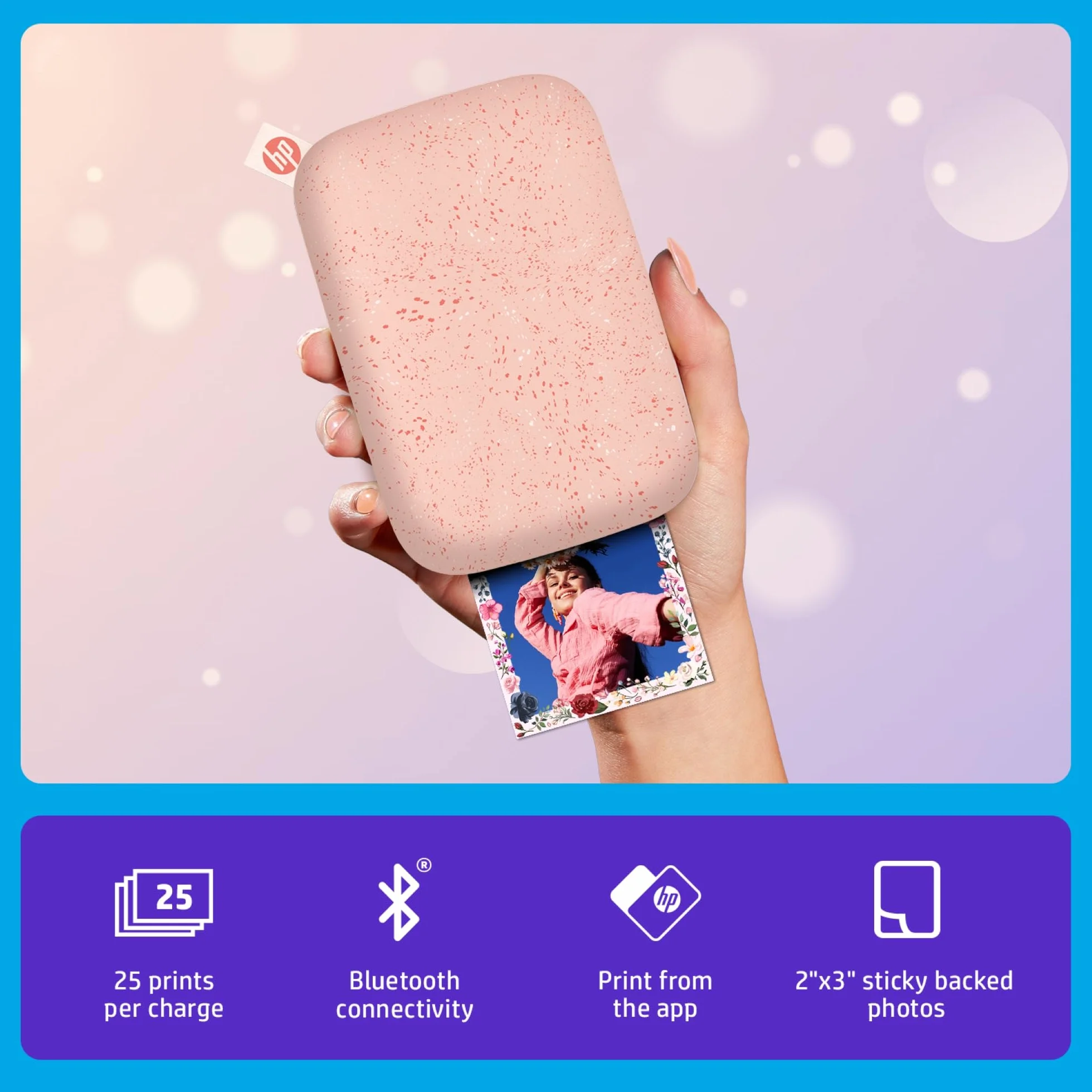 HP Zębatka przenośna 5 x 7,6 cm natychmiastowa drukarka zdjęć Różowy wydrukuj ZINK na papierze z ZINKz urządzeń z systemem iOS i Android, Pink, Printer