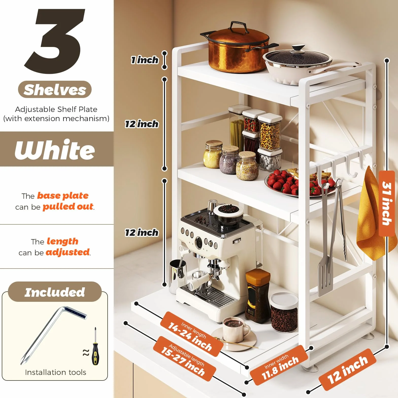 Étagère de cuisine à 3 niveaux - Réglable en hauteur et extensible avec tiroir - En acier au carbone - Avec crochets et ventouses de renfort - Étagère de boulangerie (blanc)