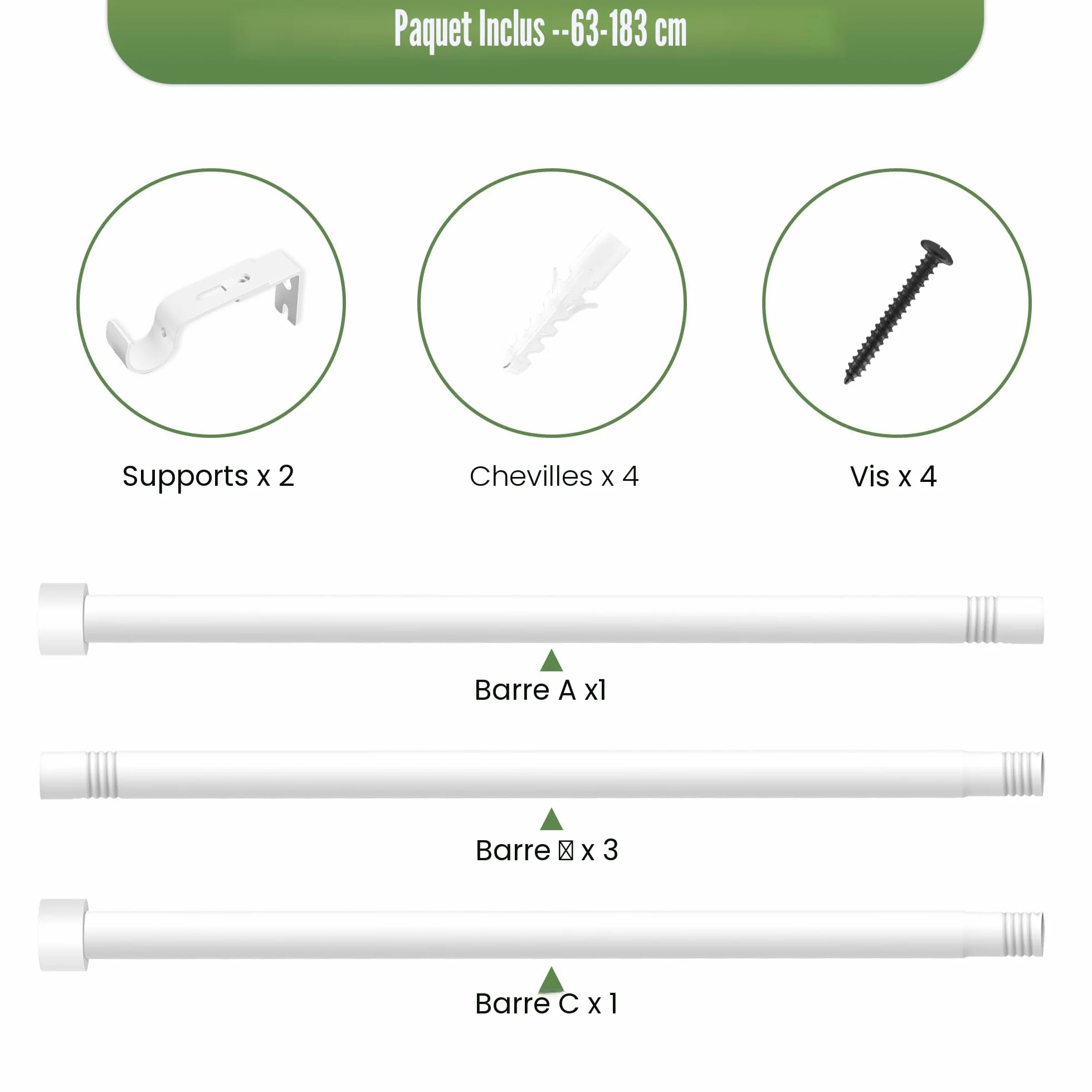 Barre à Rideaux Extensible Blanc 63-183cm 16mm avec Embouts Simples et Supports