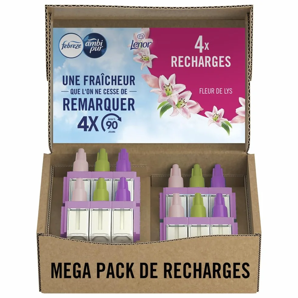 Febreze Désodorisant Électrique Méga Pack Recharges 4x20ml 3 Parfums Fleur de Lys Fraîcheur 90 Jours