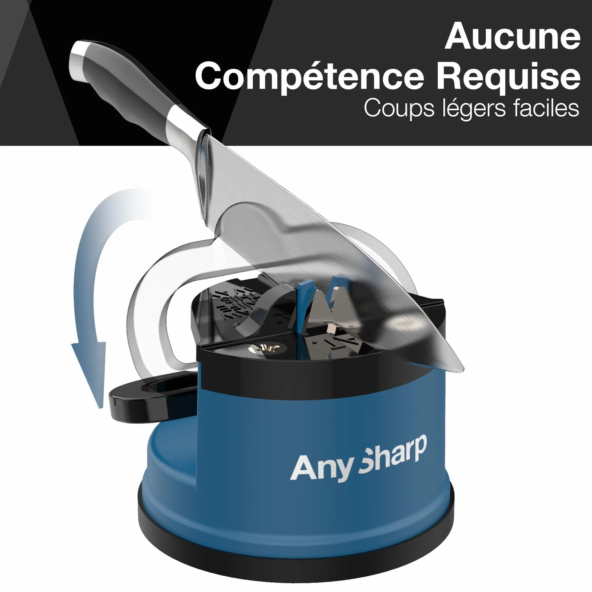 AnySharp Aiguiseur de Couteaux, Sécurité Mains Libres, Ventouse PowerGrip, Bleu