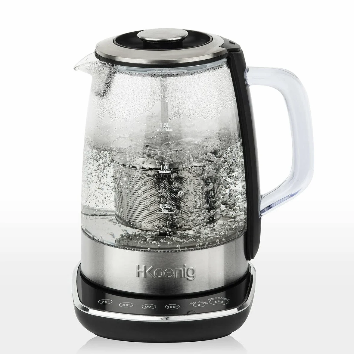 H.Koenig Théière Bouilloire Instant T électrique en Verre 1.5L TI600 avec Infuseur filtre à Thé Inox 2200W Compacte, Ebullition rapide, Thermostat Réglable 70° à 100°C, Maintien au chaud, 2couvercles