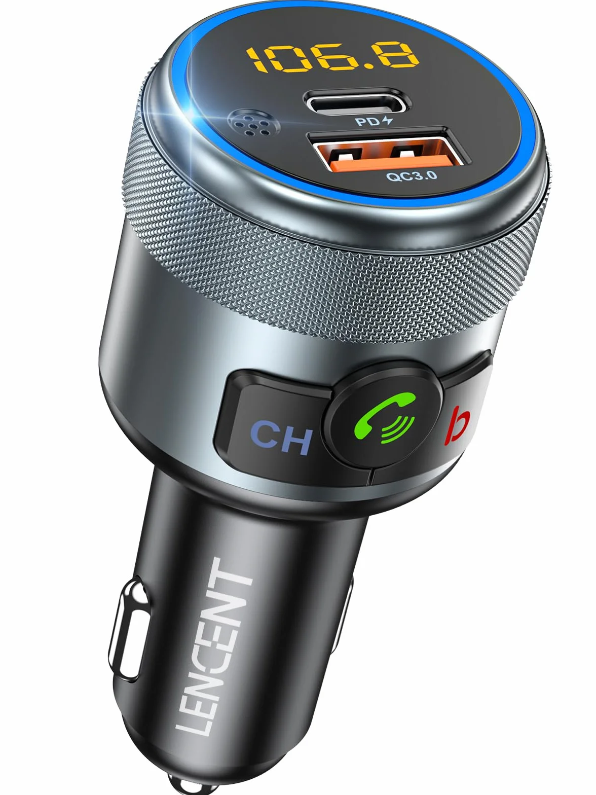 LENCENT 5.1 Samochodu Nadajnik FM Bluetooth, Bezprzewodowy Adapter Radiowy z PD3.0 USB-A i QC3.0USB-C ładowarka Fast USB, Zestaw Głośnomówiący, Odtwarzacz Stereo MP3, Hi-Fi, Kolorowe Podświetlenie LED