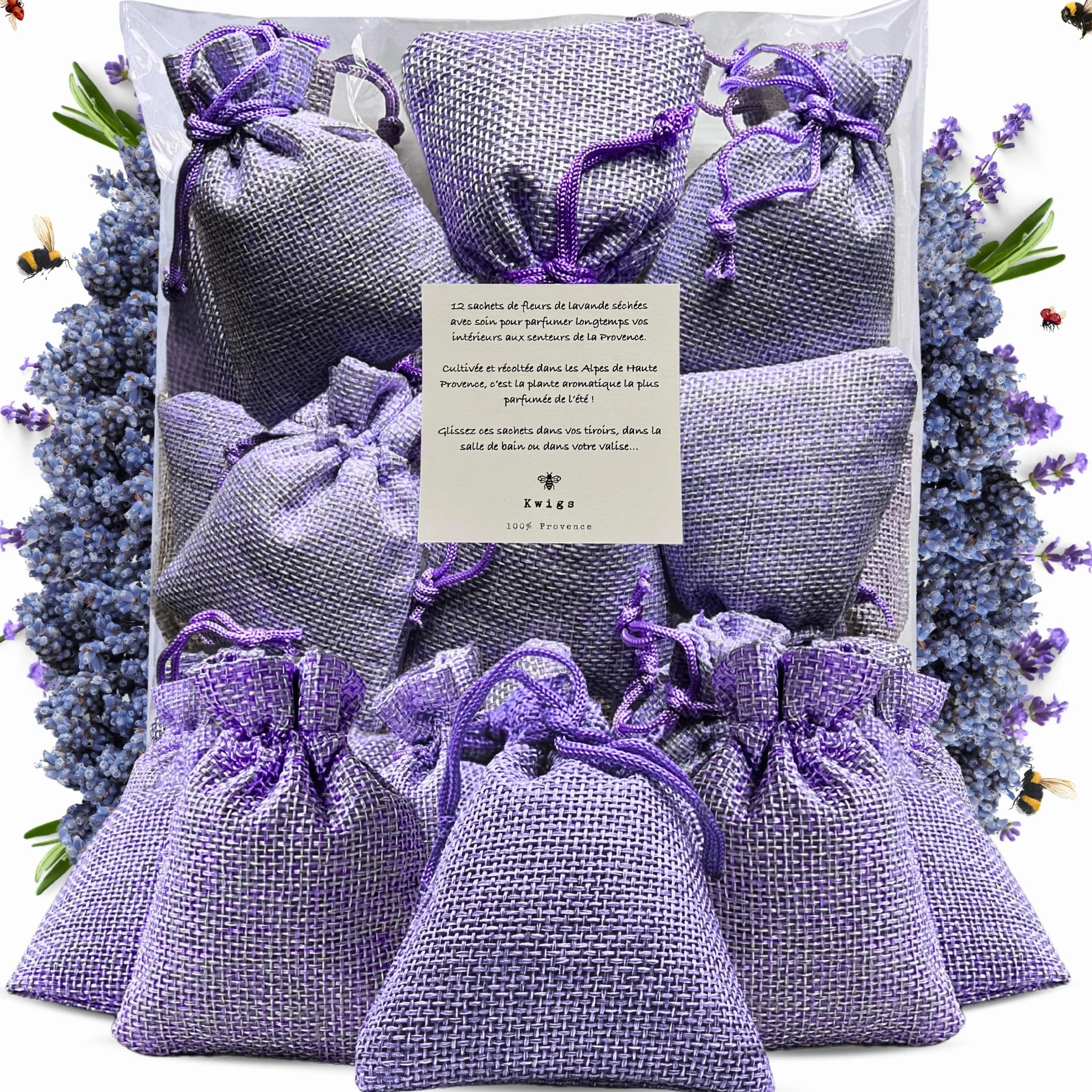 Sachet de Lavande en Jute Doublée 12 Sachets Couleur Lavande sans OGM Remplis à la Main Petit Sac pour Placards Linge Armoire Fleurs de Haute Provence