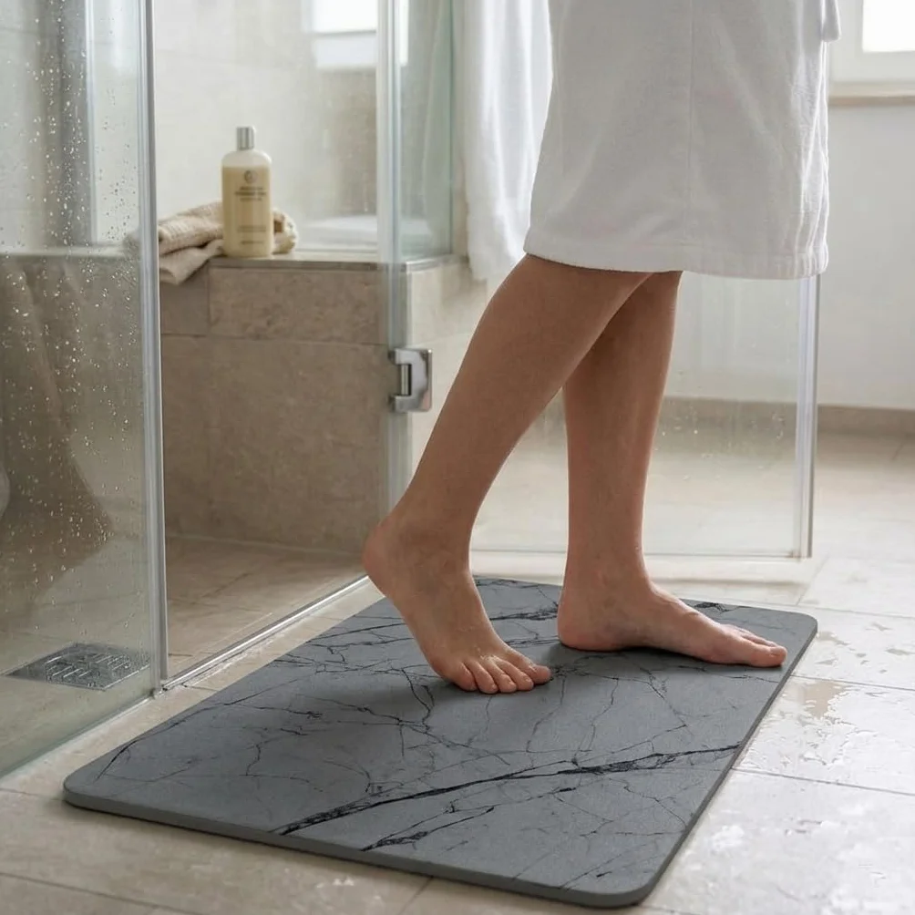 Tapis de Bain en Pierre de Diatomite 60x40 cm Super Absorbant Antidérapant Séchage Rapide