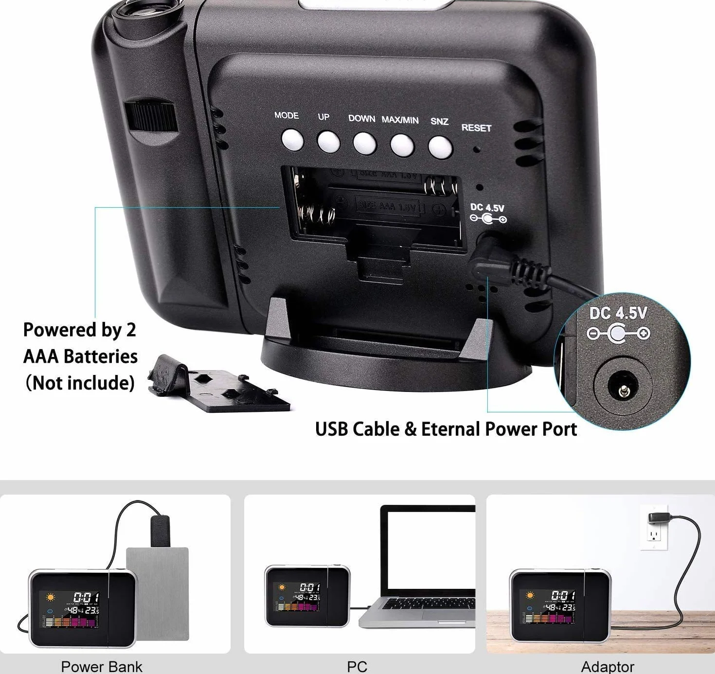 Réveil Projection Plafond Numérique LED avec Station Horaire LCD Température Date Charge USB 12/24h Noir