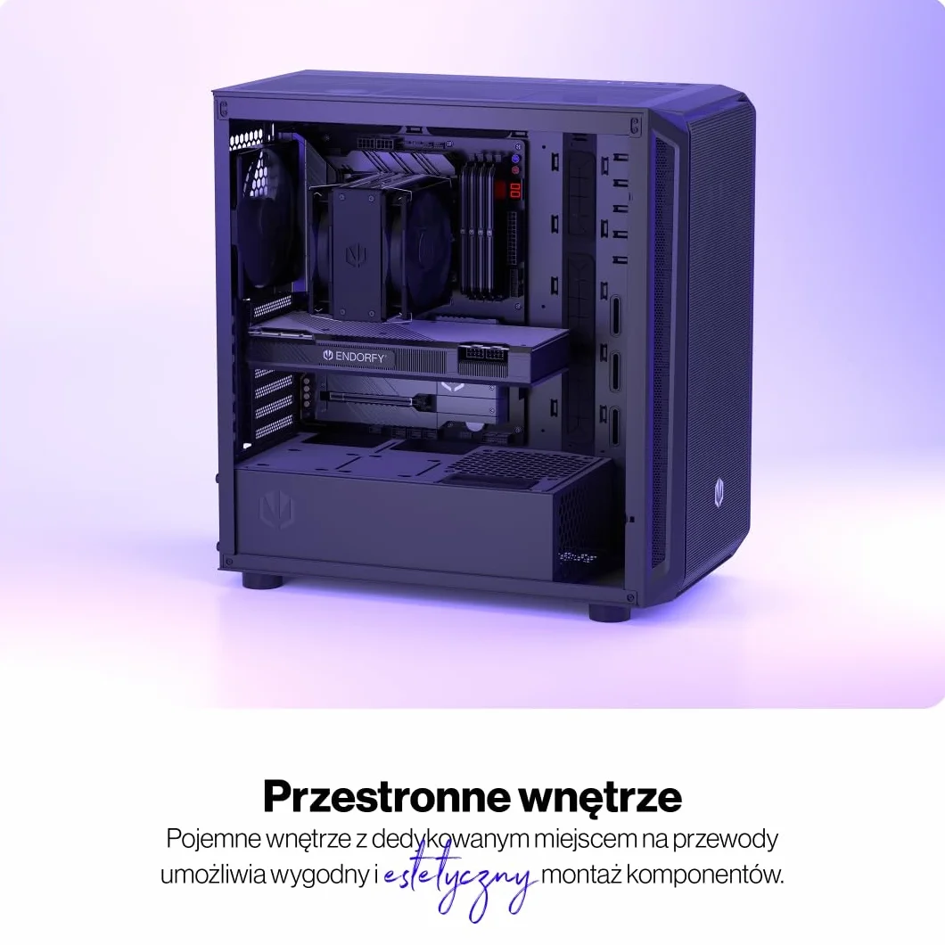 ENDORFY Arx 700 Air, przestronna obudowa ATX, wentylatory 5x140 mm w zestawie, wysoka kompatybilność z wieloma komponentami, miejsce na dwie chłodnice do 360 mm, góra i przód z przewiewnej siatki mesh