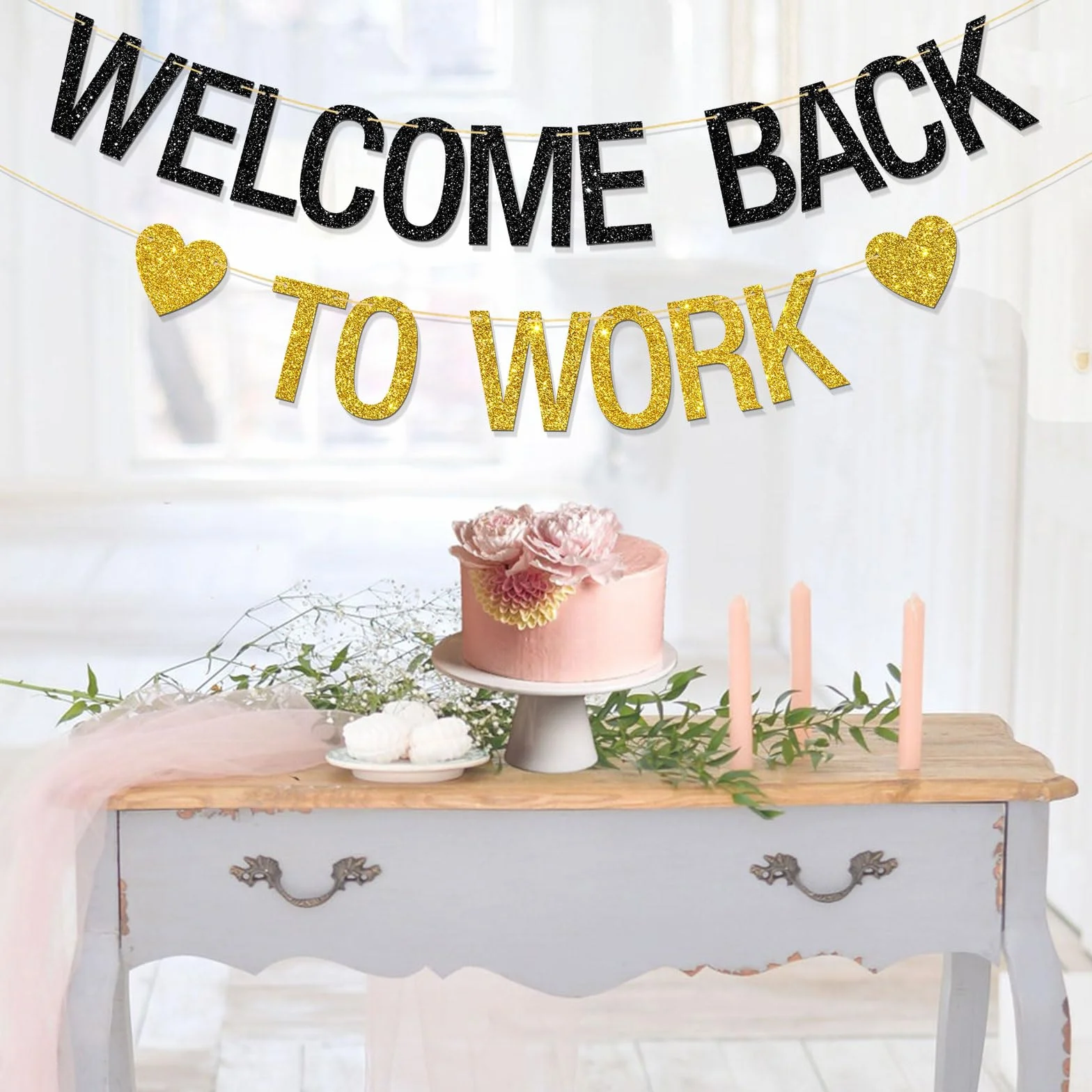 Bannière Welcome Back to Work – Décorations de fête d'anniversaire – Paillettes noires et dorées
