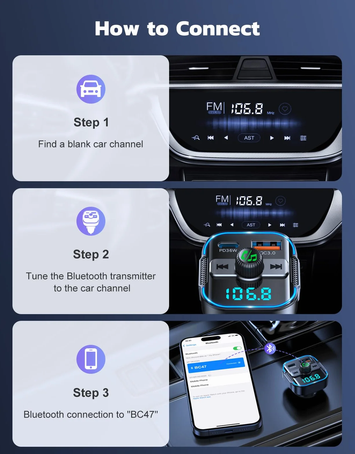 Glangeh 2026 najnowszy adapter samochodowy Bluetooth 5.3 【PD 36W+QC3.0 18W】, nadajnik FM Bluetooth 2 w 1 【Podwójne silniejsze mikrofony】 i szybka ładowarka samochodowa, bezprzewodowy adapter wejścia