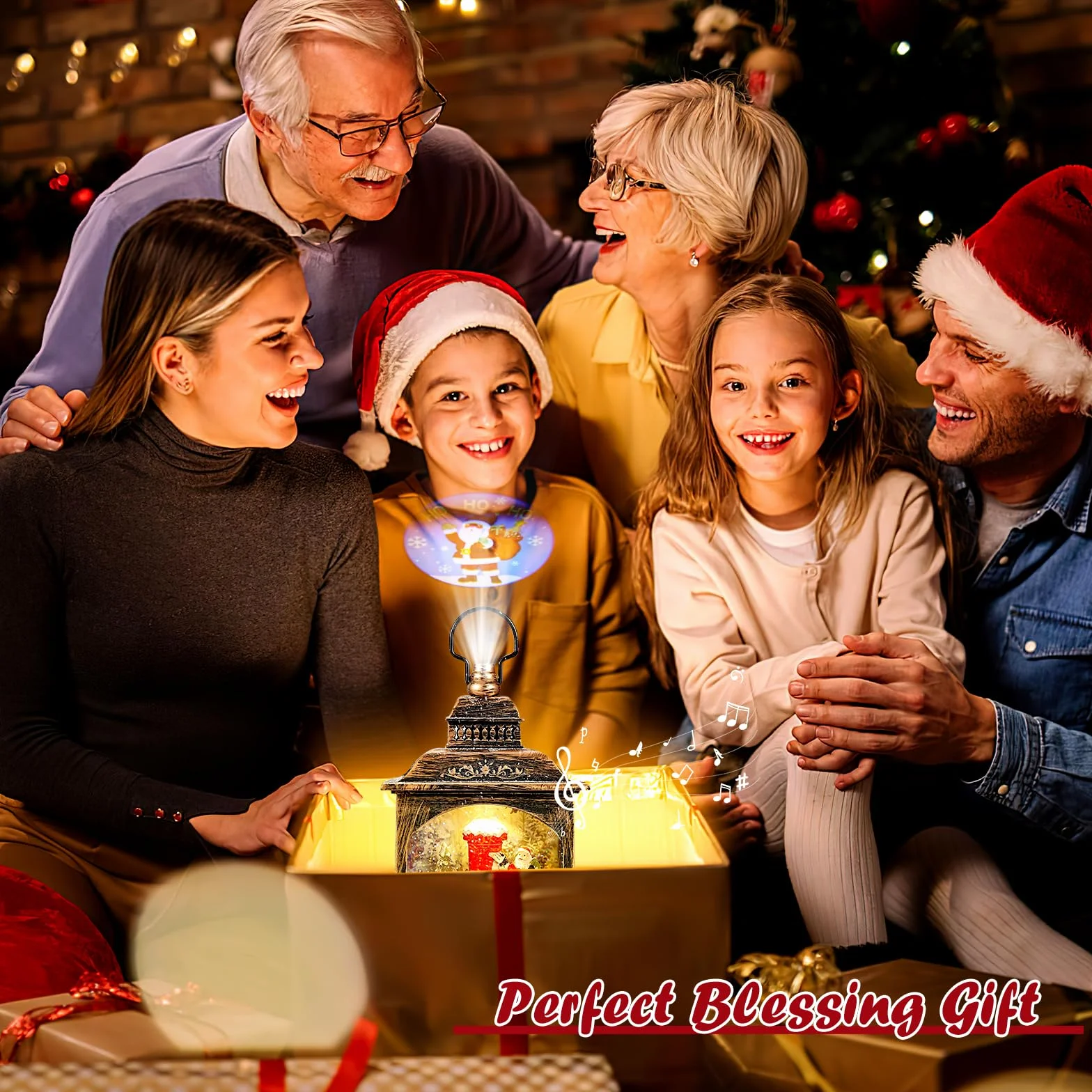 Lanterne Noel Lanterne Boule à Neige Musicale LED de Noël, Lampe de Noel Lumineux Père Noël et Flocon de Neige avec 8 Songs pour Décoration Noel Intérieure Prise USB ou Alimenté par Pile