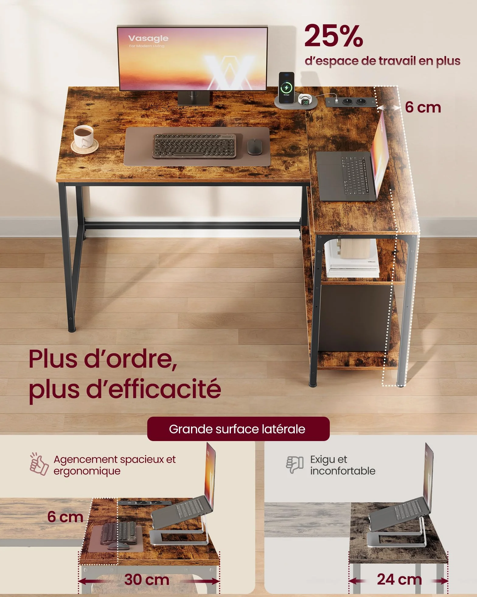 VASAGLE Bureau Gaming en L avec Rangement, Prises et Ports USB, 110 x 80 cm, Marron Rustique