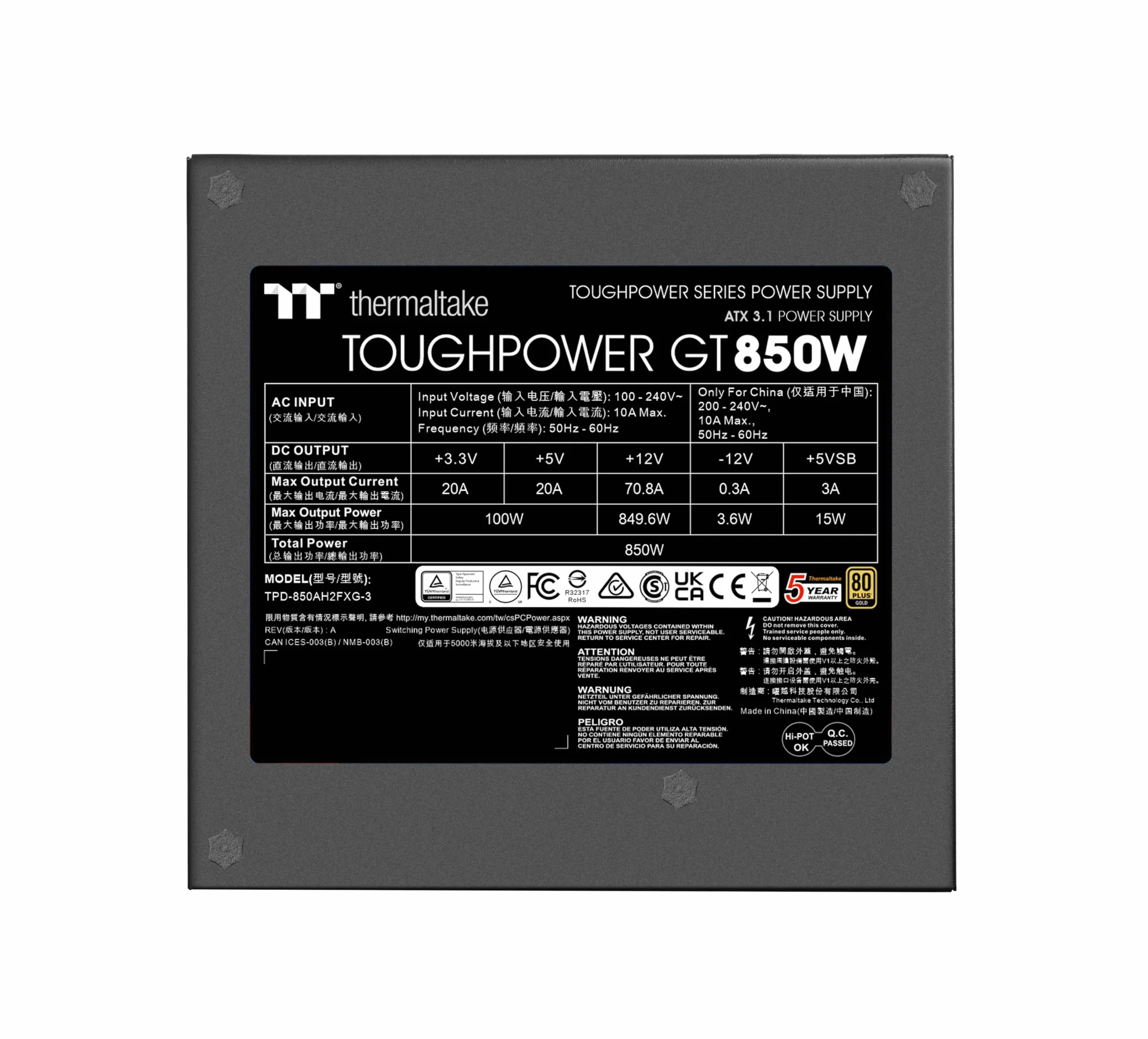 Thermaltake Toughpower GT 850W | ATX 3.1 | PCIe 5.1 12V-2x6-Anschluss | ultraleise Smart-Zero-Funktion | Low Profile Kabel | 80+ GOLD | Modular