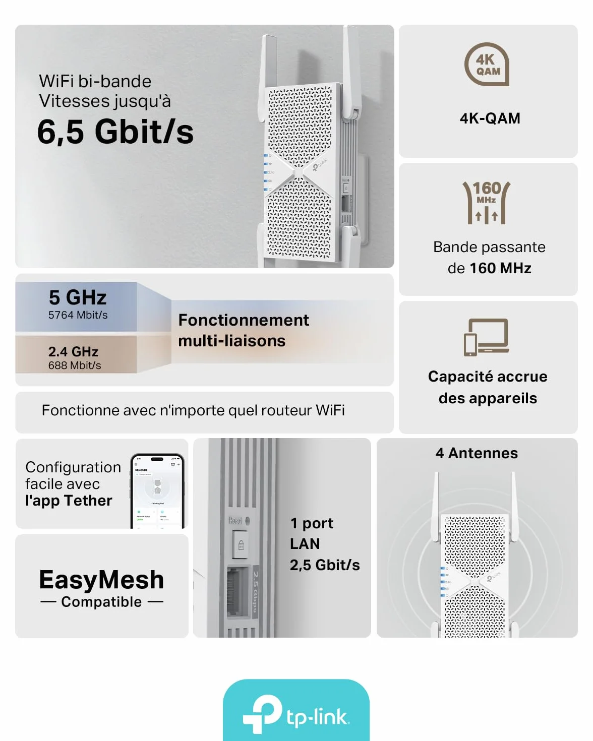 TP-Link RE405BE - BE6500 Przedłużacz sygnału Wi-Fi 7 Dual Band 6,5 Gb/s z portem 2,5 GbE i kompatybilnością EasyMesh