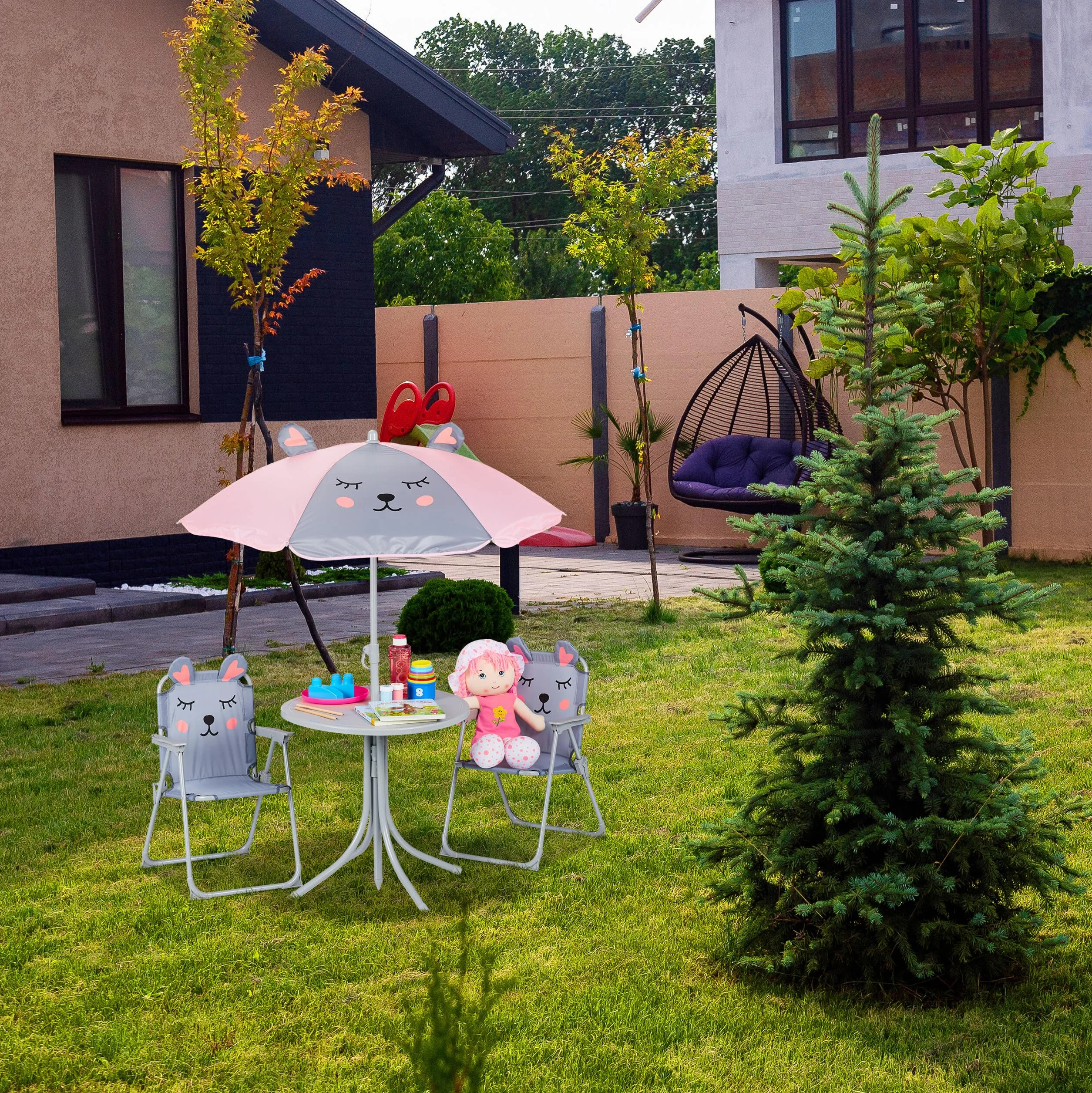 Relaxdays Salon de Jardin Table Chaises Parasol Rose pour Plage Camping