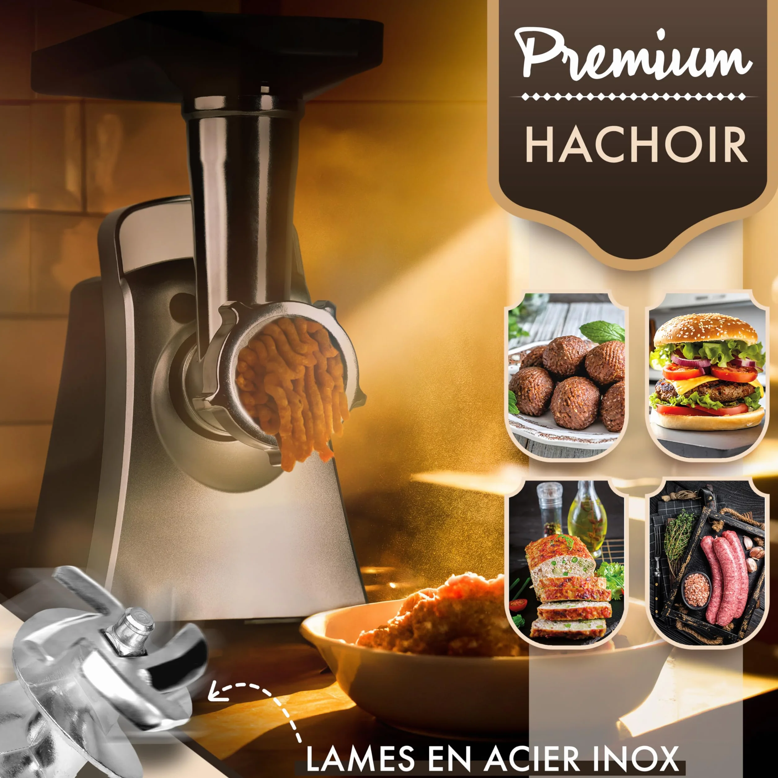 Clatronic® Hachoir à viande 1000 W | avec embout pour biscuits/pâtisseries | Hachoir à viande électrique | 3 disques perforés en métal | marche avant et arrière | avec remplissage à saucisses | cou