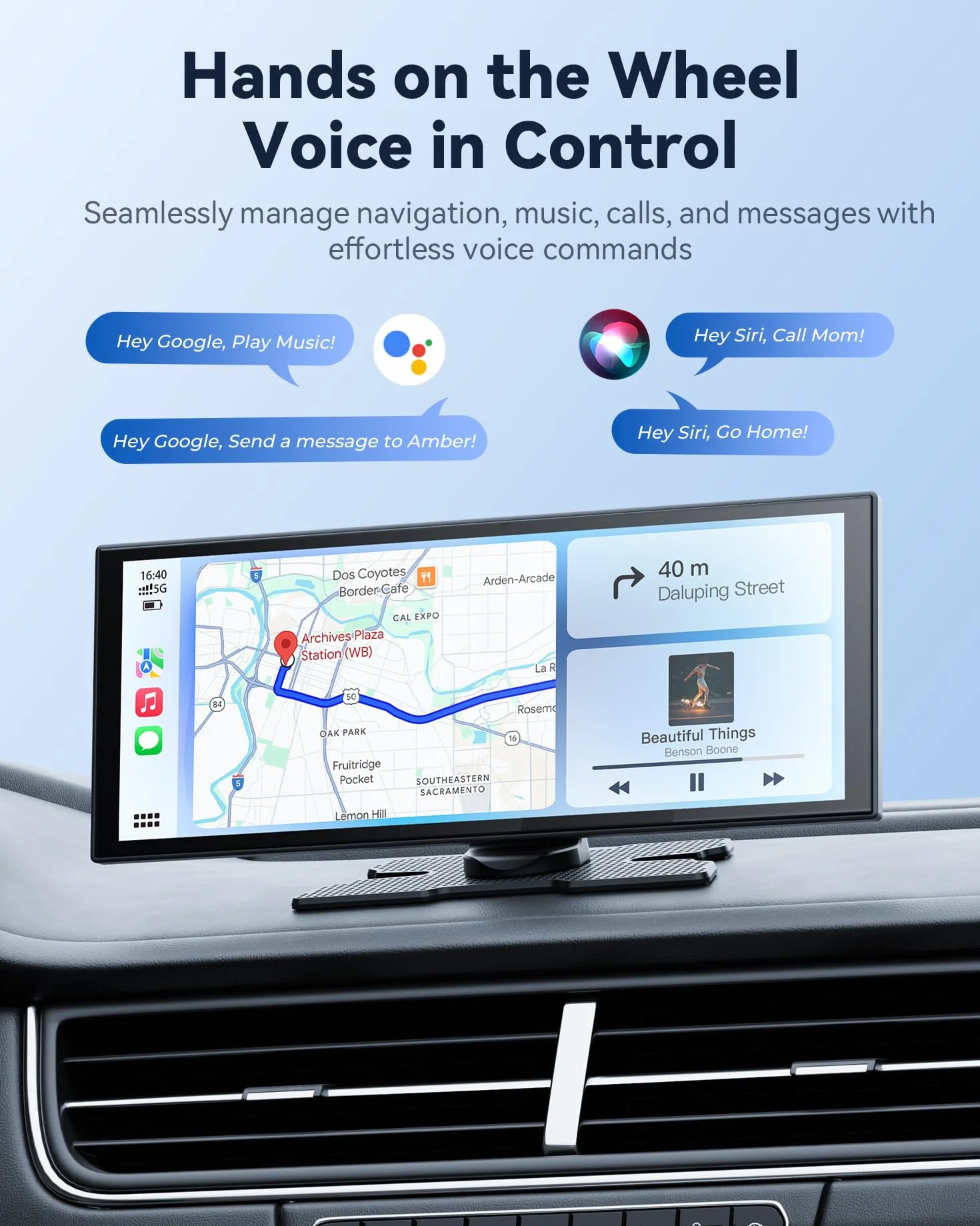 Bezprzewodowy przenośny ekran do odtwarzania samochodu 60 kl./s, do Apple CarPlay i Android Auto, aktualizacje OTA, kamera zapasowa, łącze lustrzane, Bluetooth, sterowanie głosowe, nawigacja