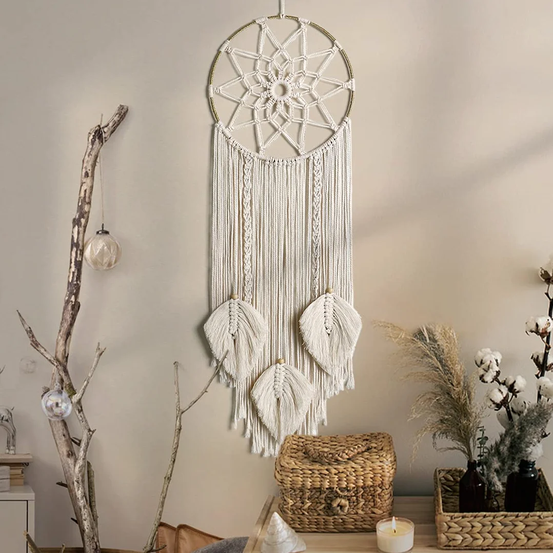 Attrape-rêves en macramé Décoration murale Art mural tissé à la main bohème Cercle métallique Beige
