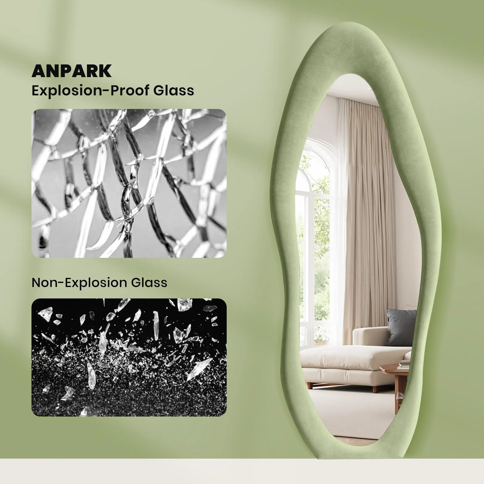 Miroir ondulé irrégulier 160 x 60 cm pleine longueur avec cadre en bois recouvert de flanelle à suspendre