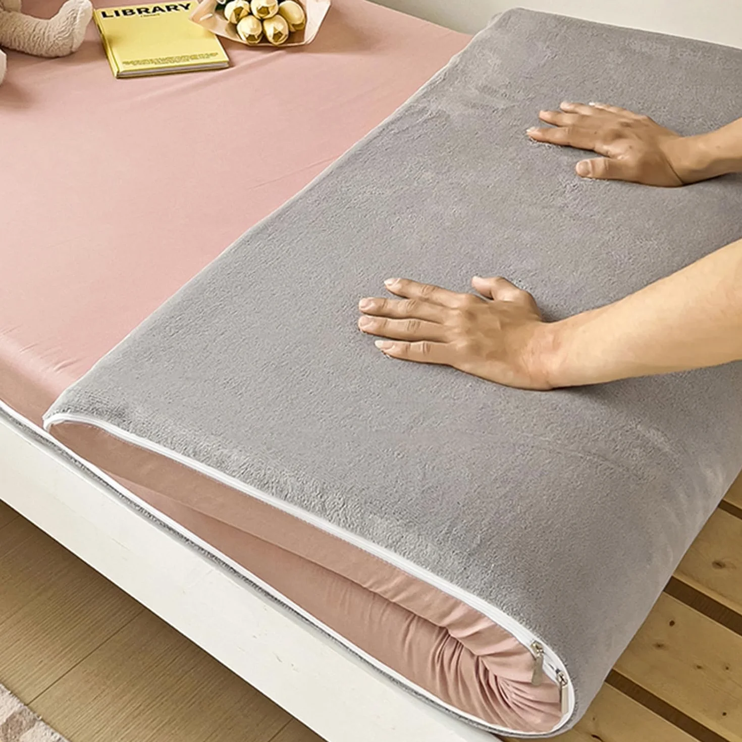 100% Coton Couvre-Matelas de Sol Japonais avec Fermeture Éclair pour Matelas Futon Shikibuton Twin 90x200cm Réversible Lavable