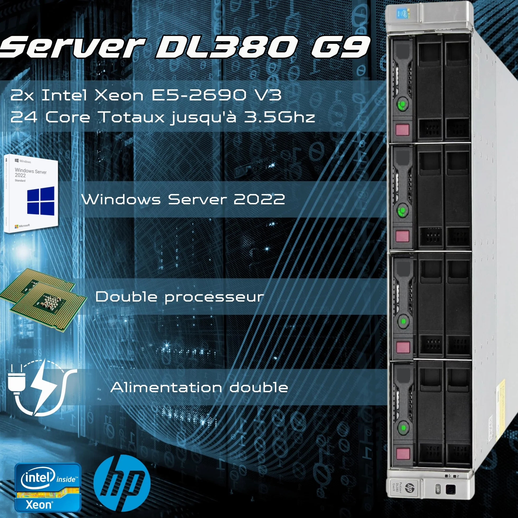 HP ProLiant DL380 Gen9 Serveur 2x Xeon 2690 V3 128Go RAM 2x 4To SAS iLO H840 Windows Server 2022 Reconditionné