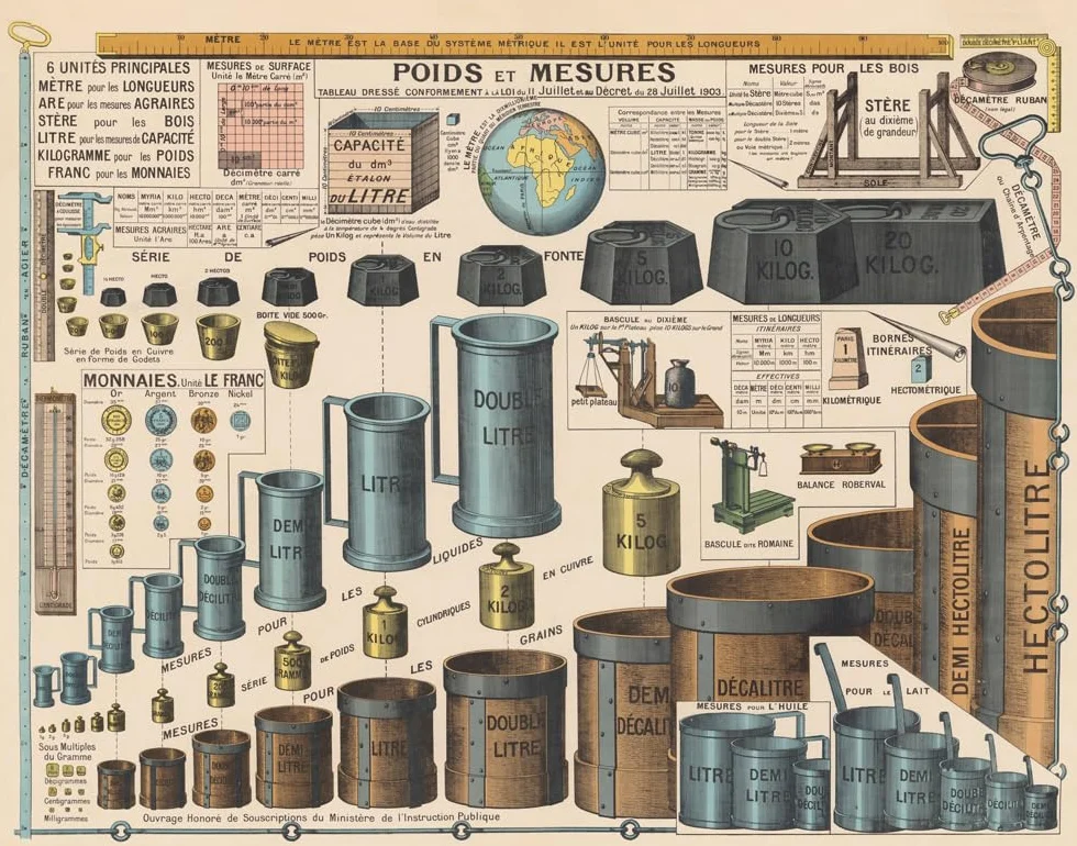 VIRTUAVIA - Tableau Mural décoratif - POIDS ET MESURES LOI 1903 (Ministère de l'Instruction Publique) - 125 x 98 cm - Art Mural (reproduction) - Bâche 340 g/m²