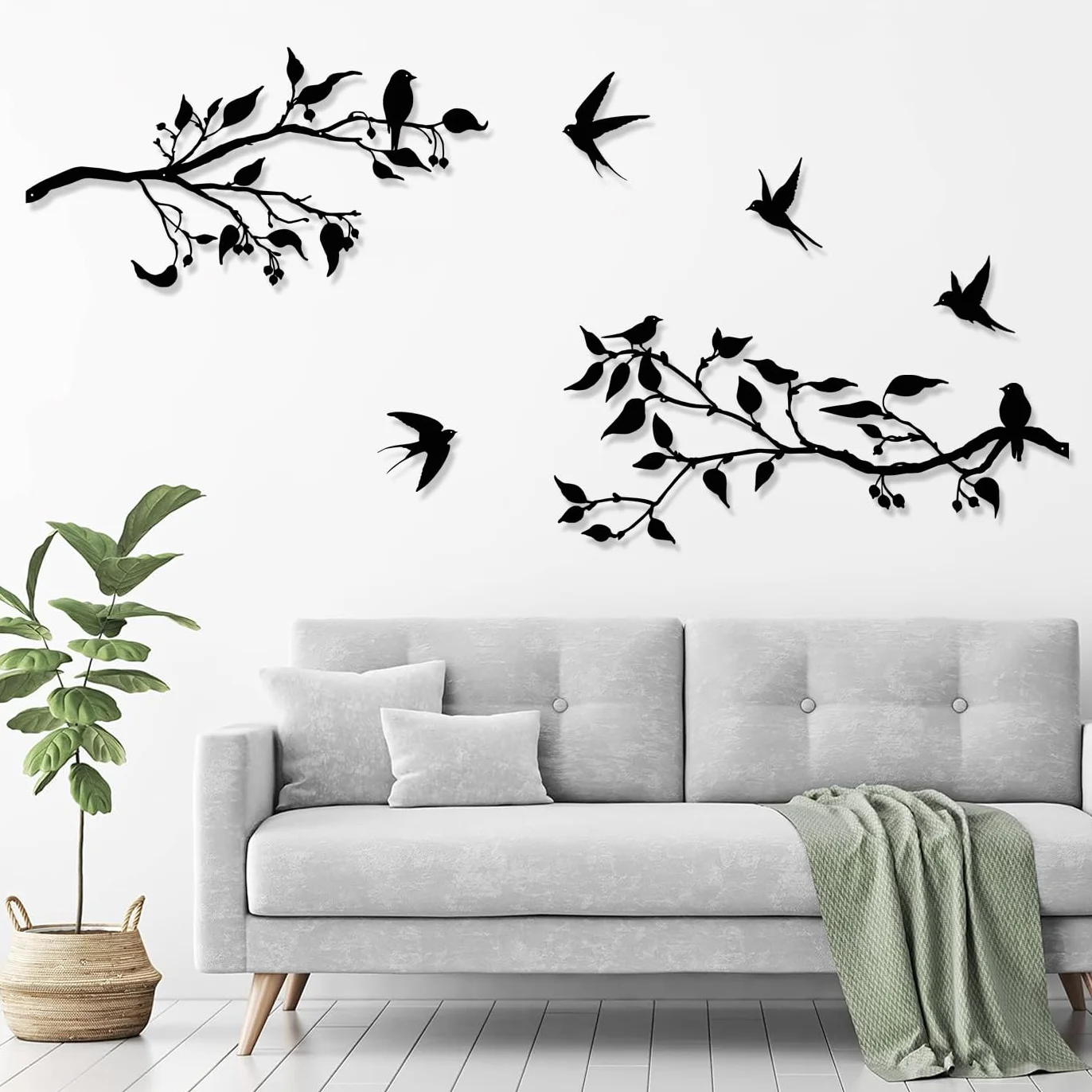 Métal Art Décoration Murale, Silhouette d'oiseaux sur branche, Sculpture murale d'extérieur en métal