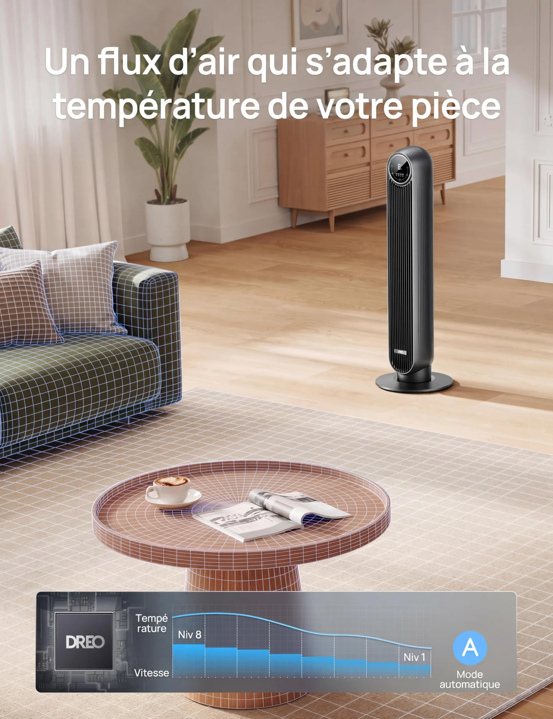 DREO Nomad One ventilateur colonne silencieux 20dB 92 cm 7,6 m/s 90° Noir
