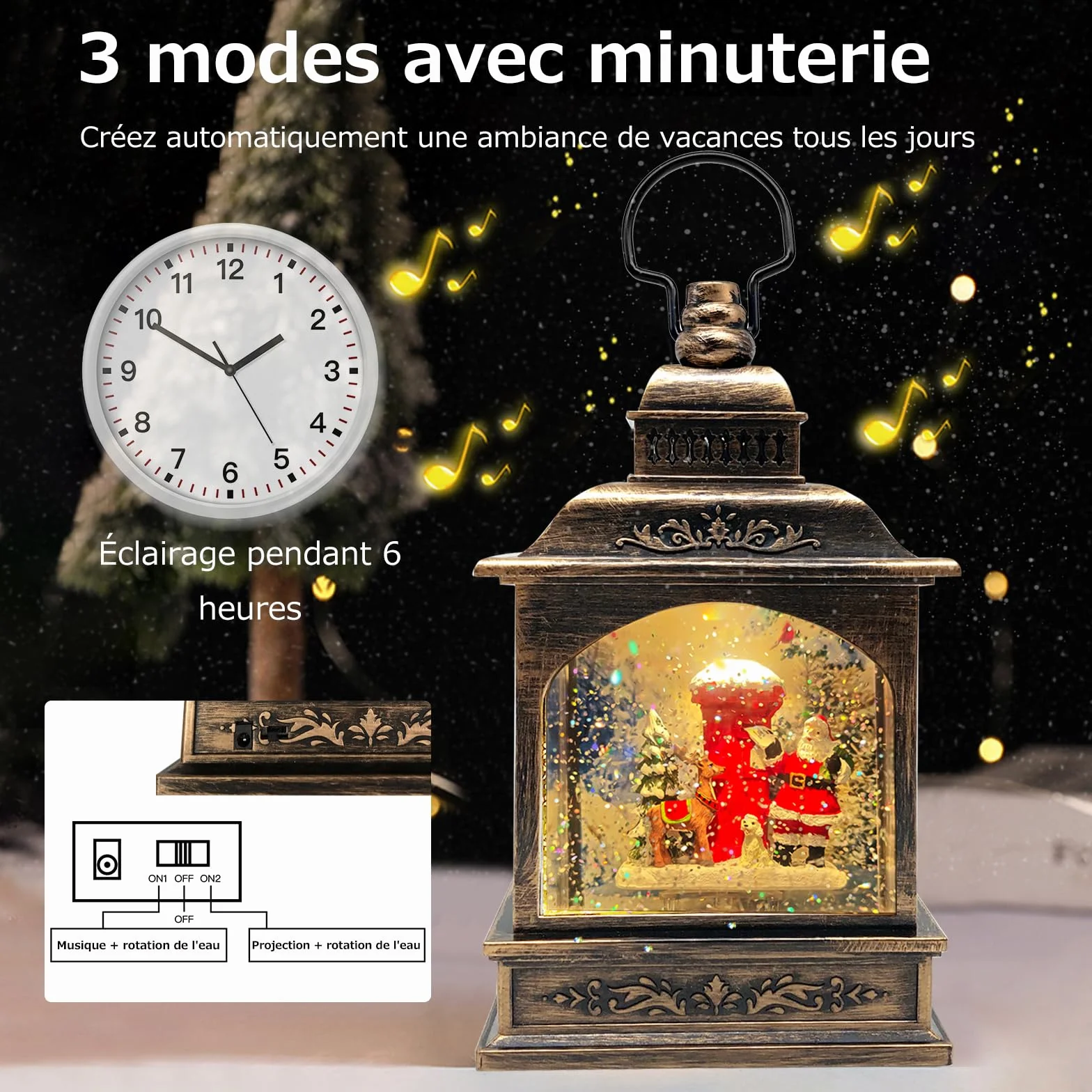 Lanterne Boule à Neige de Noël, illuminée et Musicale avec minuterie, Lanterne rotative du Père avec Projection, décoration de Scintillante, Cadeau (Père Noël + boîte aux Lettres)