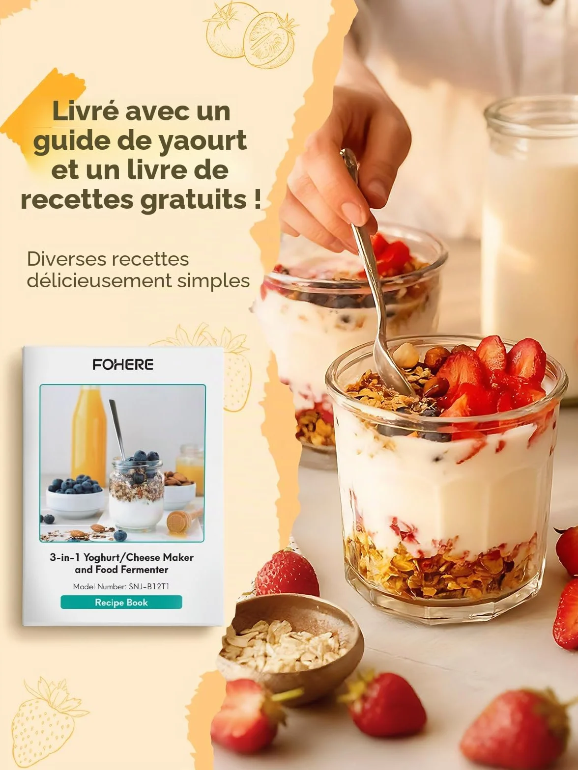 FOHERE Yaourtière 2 XXL pots en Verre 2000 ml et 1400 ml, 4 * 125 ml Tasse en Céramique avec Couvercle, 8 Programmes Automatiques, Ecran LCD, Arrêt Automatique, Sans BPA, 20 Watts