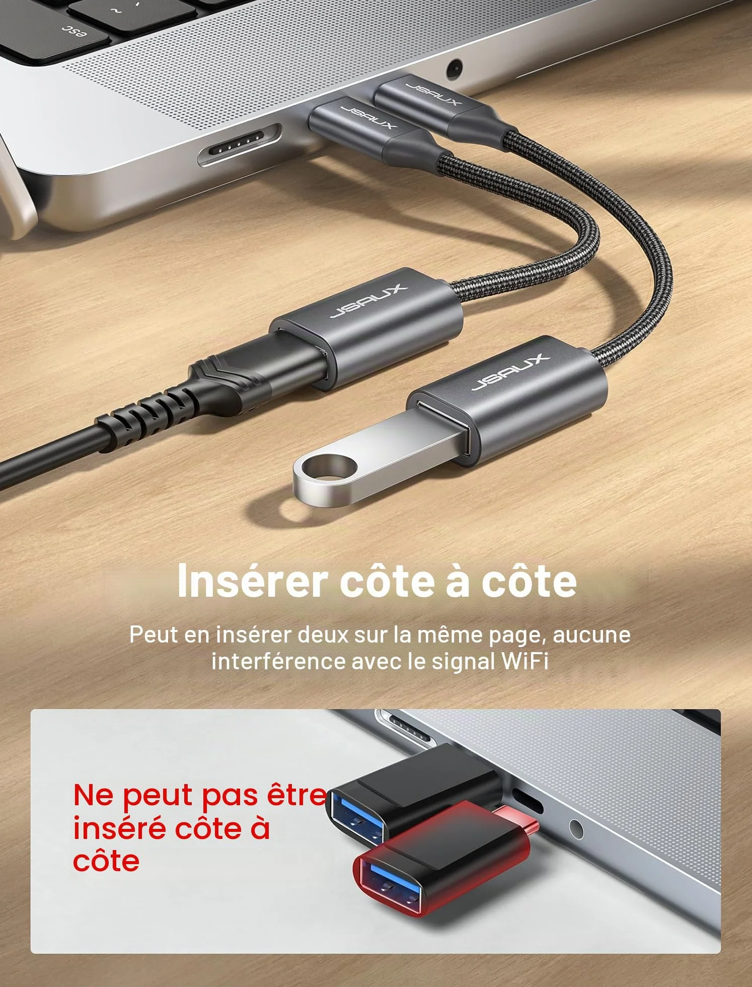 JSAUX Adaptateur USB C vers USB 3.0 Lot de 2 Câble OTG USB Type C Mâle vers USB A Femelle Compatible iPhone 16 Pro Max/15 Pro Max Plus, iPad Pro, MacBook Pro/Air, Galaxy S24/S23/S22 Ultra Gris