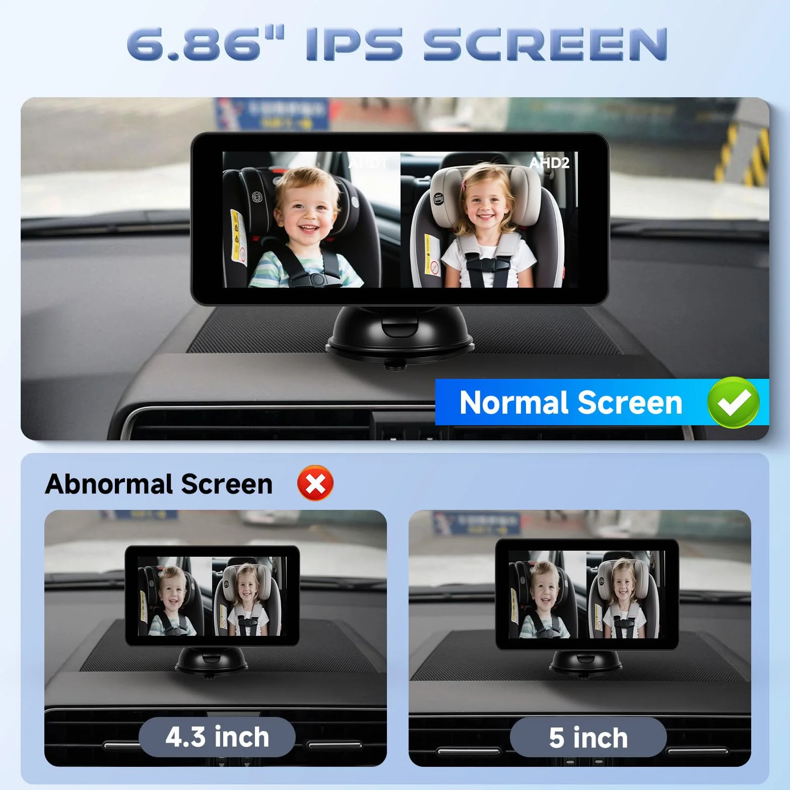 Hodozzy Podwójna kamera samochodowa dla 2 dzieci – 6,86 cala, wyświetlacz IPS Split-Screen HD, widoczność w nocy, obracana o 360° kamera bezpieczeństwa dla dzieci i zwierząt domowych, łatwa instalacja