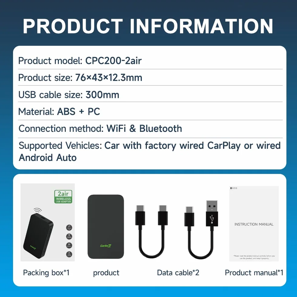Carlinkit Bezprzewodowy adapter CarPlay 5.0 i Android Auto 2 w 1, do samochodów przewodowych Apple CarPlay lub przewodowych funkcji Android Auto, (rok modelu: 2017 do 2024). Obsługa asystenta